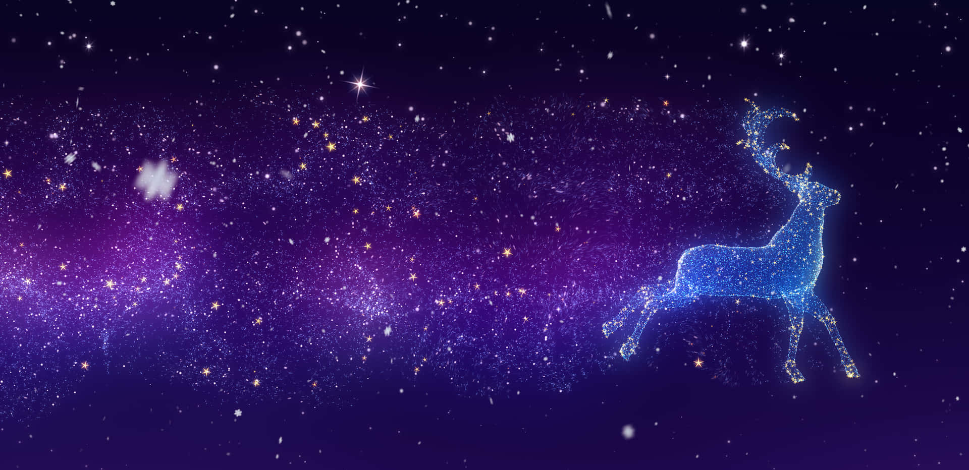 一隻星鹿在紫色星系天空中奔跑