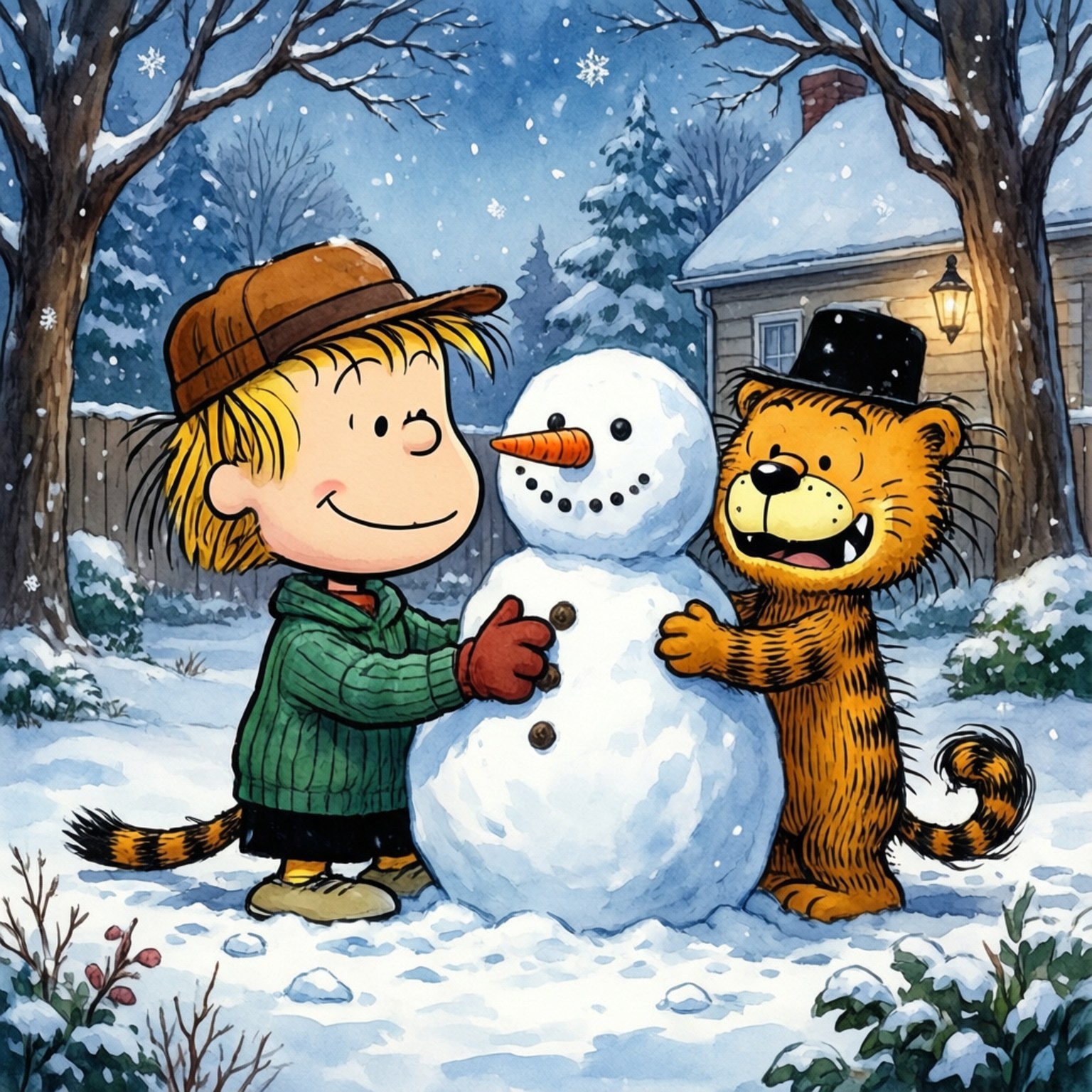 一個男孩和老虎在夜晚的雪地裏堆雪人。