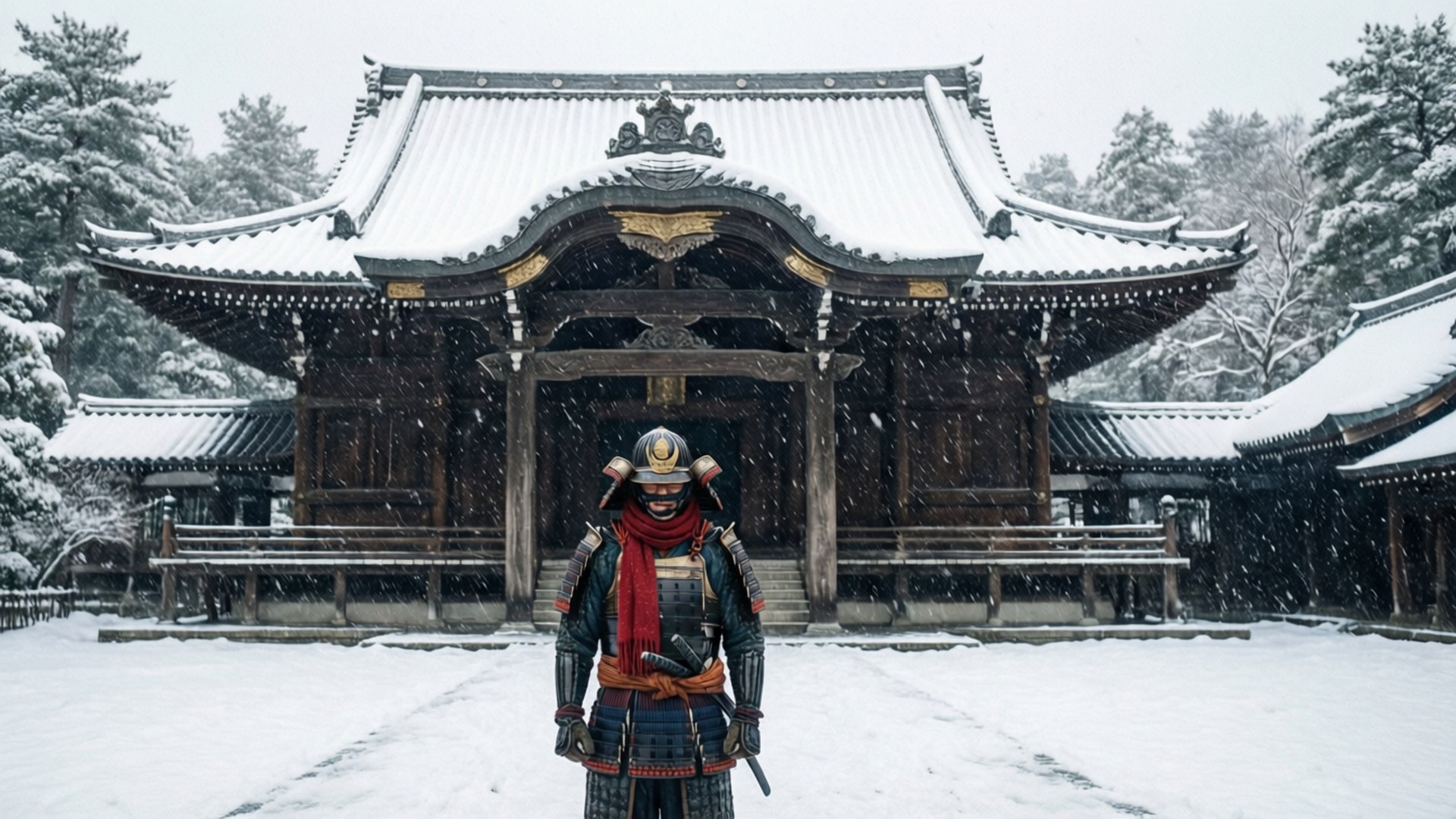 雪中寺廟武士 壁紙