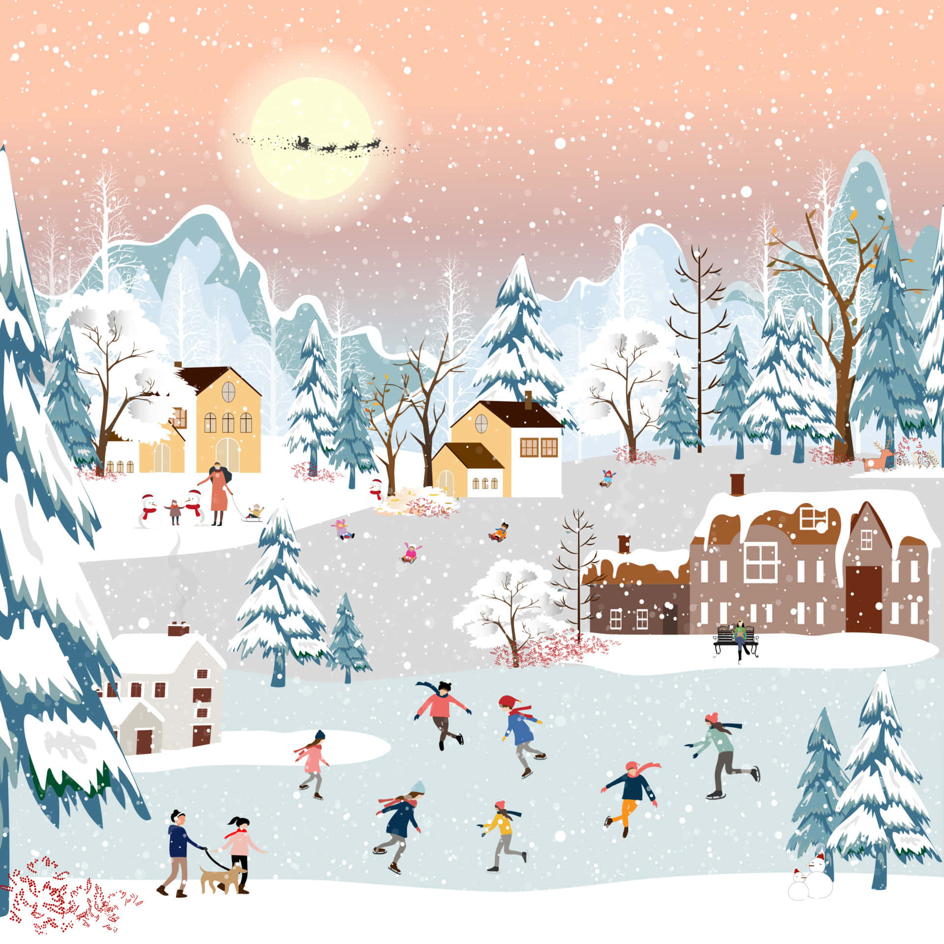 雪中小鎮屋舍可愛冬日背景 壁紙 — 孩子和家庭在粉紅色天空下的雪村中溜冰和玩耍，聖誕老人的雪橇在頭頂飛過。