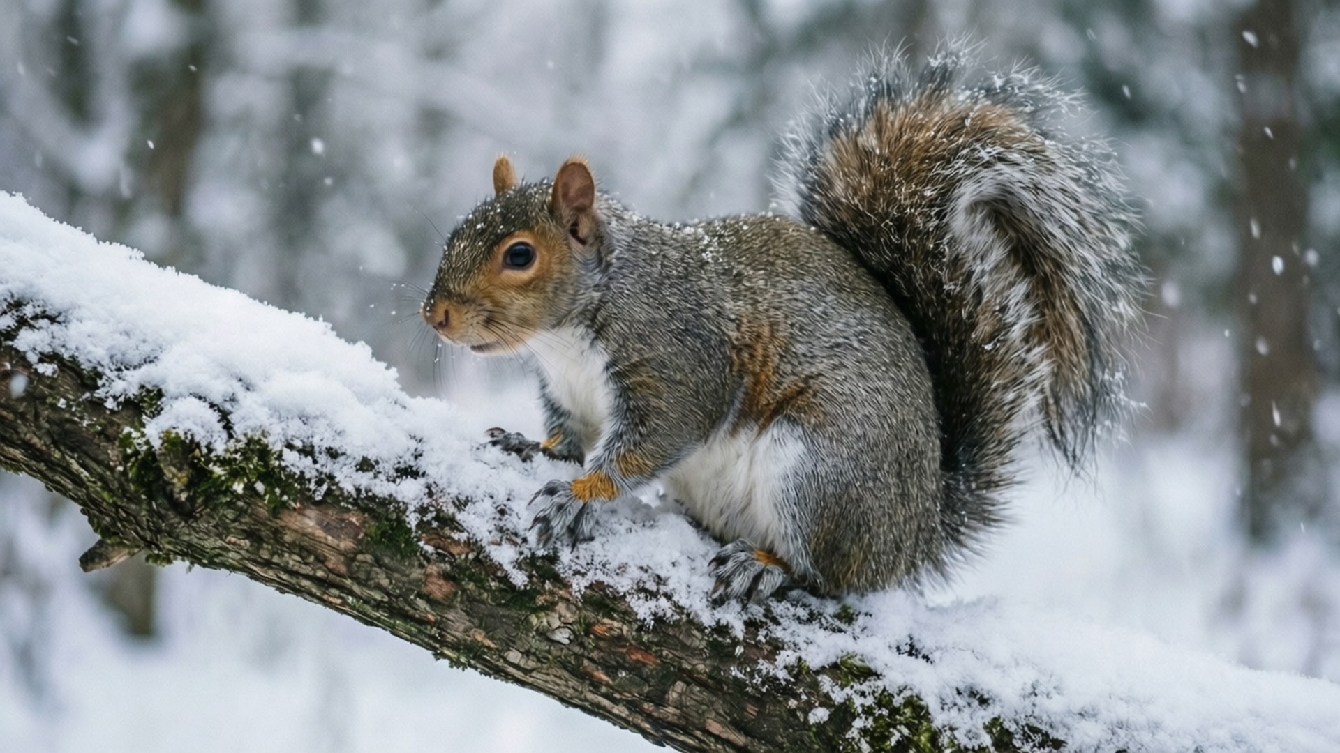 灰色松鼠坐在冬日森林中積雪的樹枝上