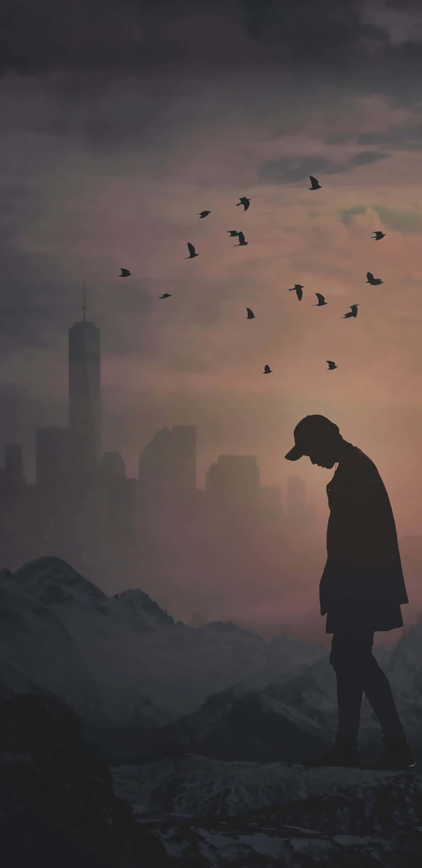 雪中步行，群鳥圍繞飛翔的男子 壁紙