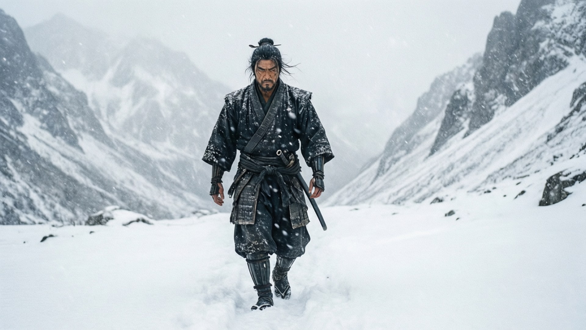 武士戰士在暴風雪中走過雪山。