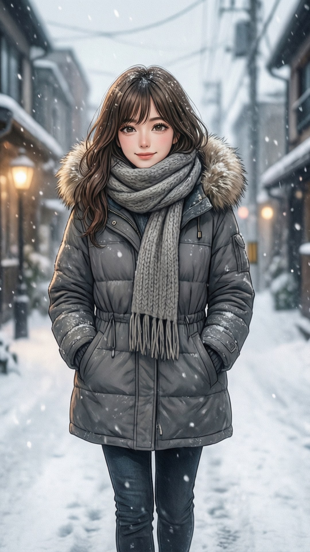 年輕女性穿著冬季外套站在積雪街道上，雪花飄落。