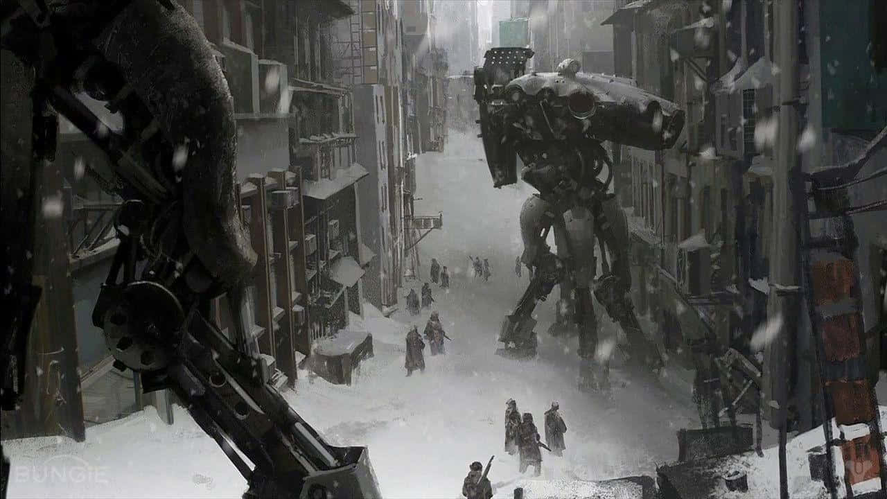 雪中的廢墟城市背景 壁紙 — 巨大的機械戰爭機器聳立在積雪覆蓋的城市街道上，小小的士兵在下面陰沉的冬季風暴中行進。