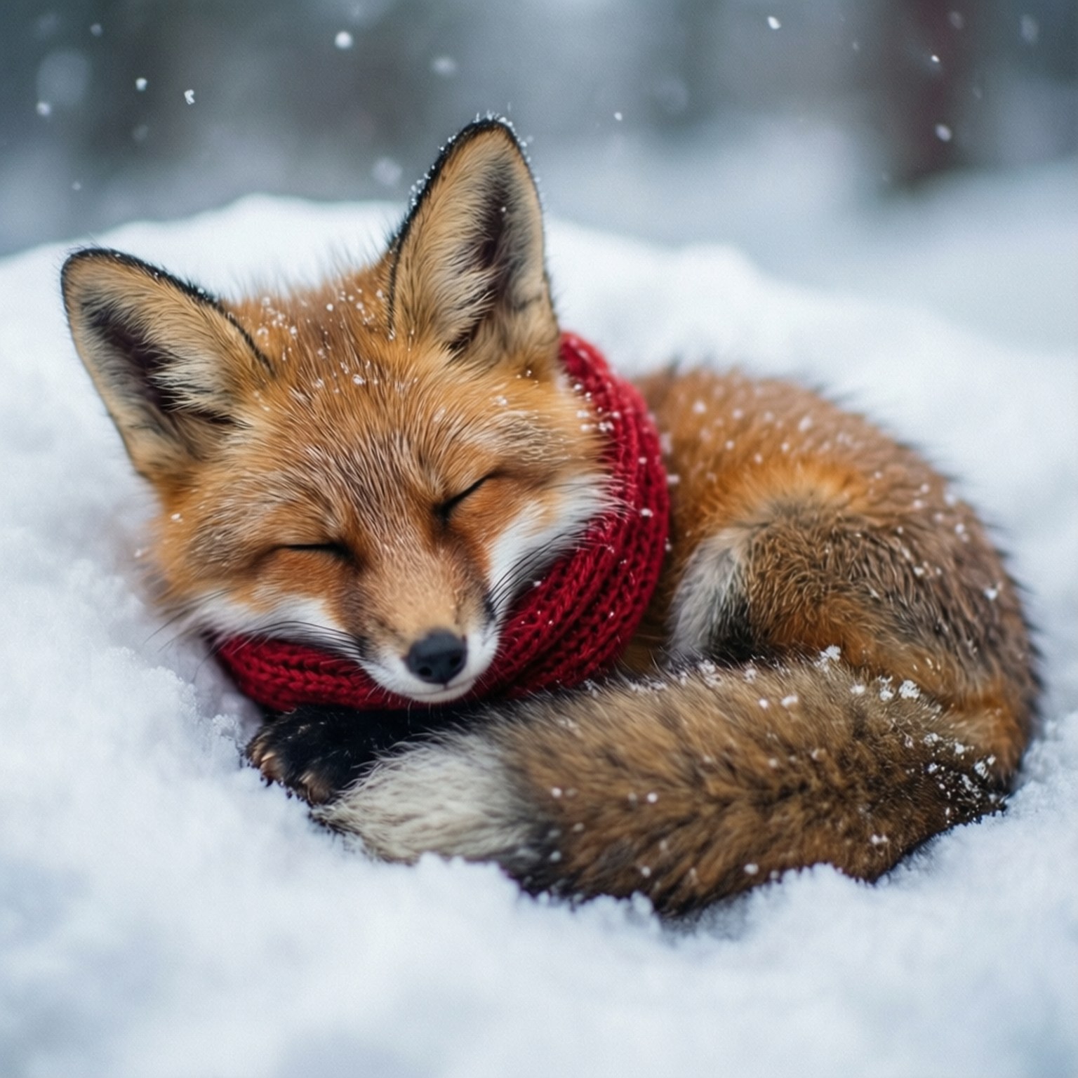 一隻紅狐蜷縮在雪中戴著紅色圍巾安詳入睡
