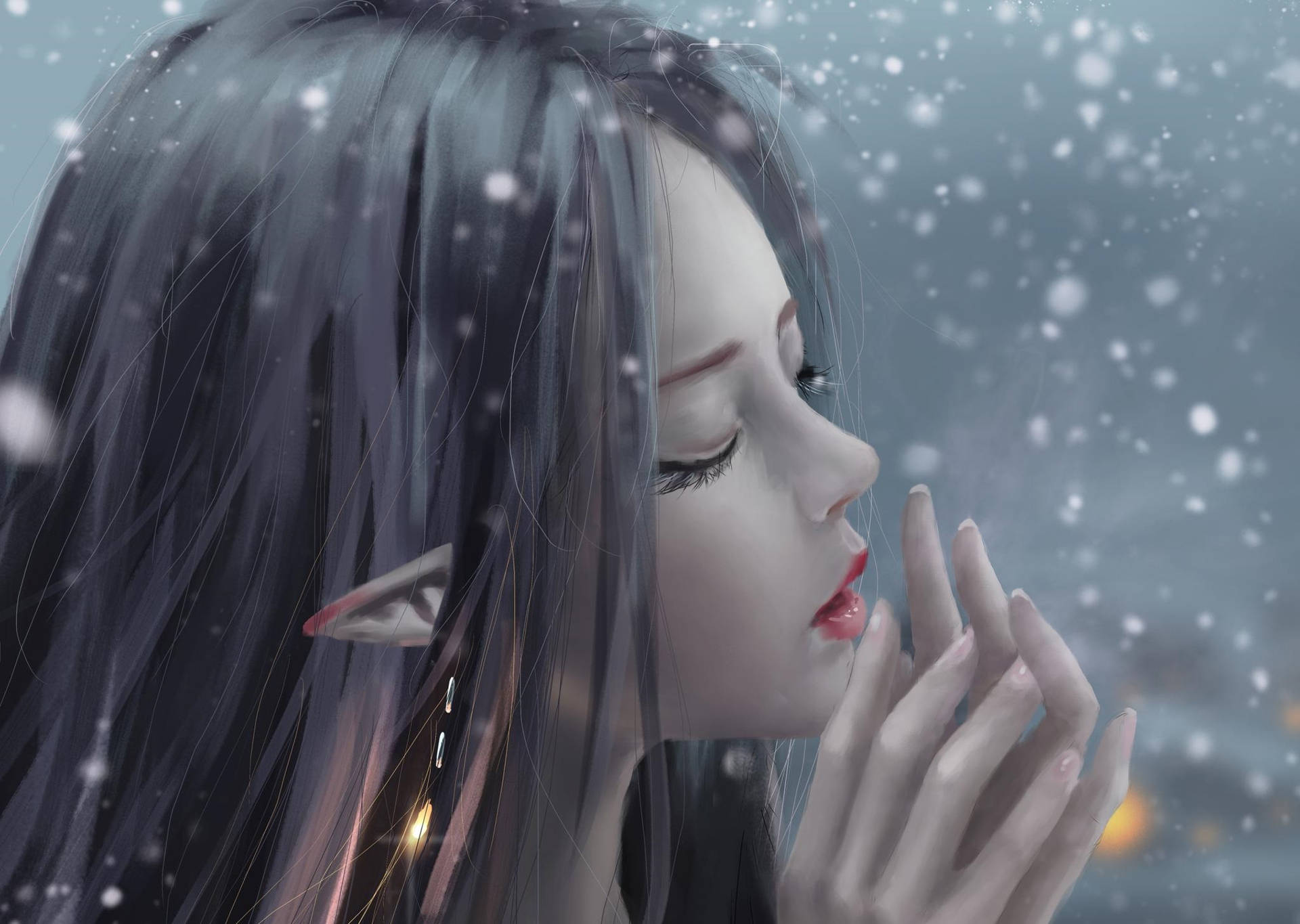 一位深色頭髮、尖耳朵的精靈女子，在雪花飄落時觸碰自己的嘴唇。