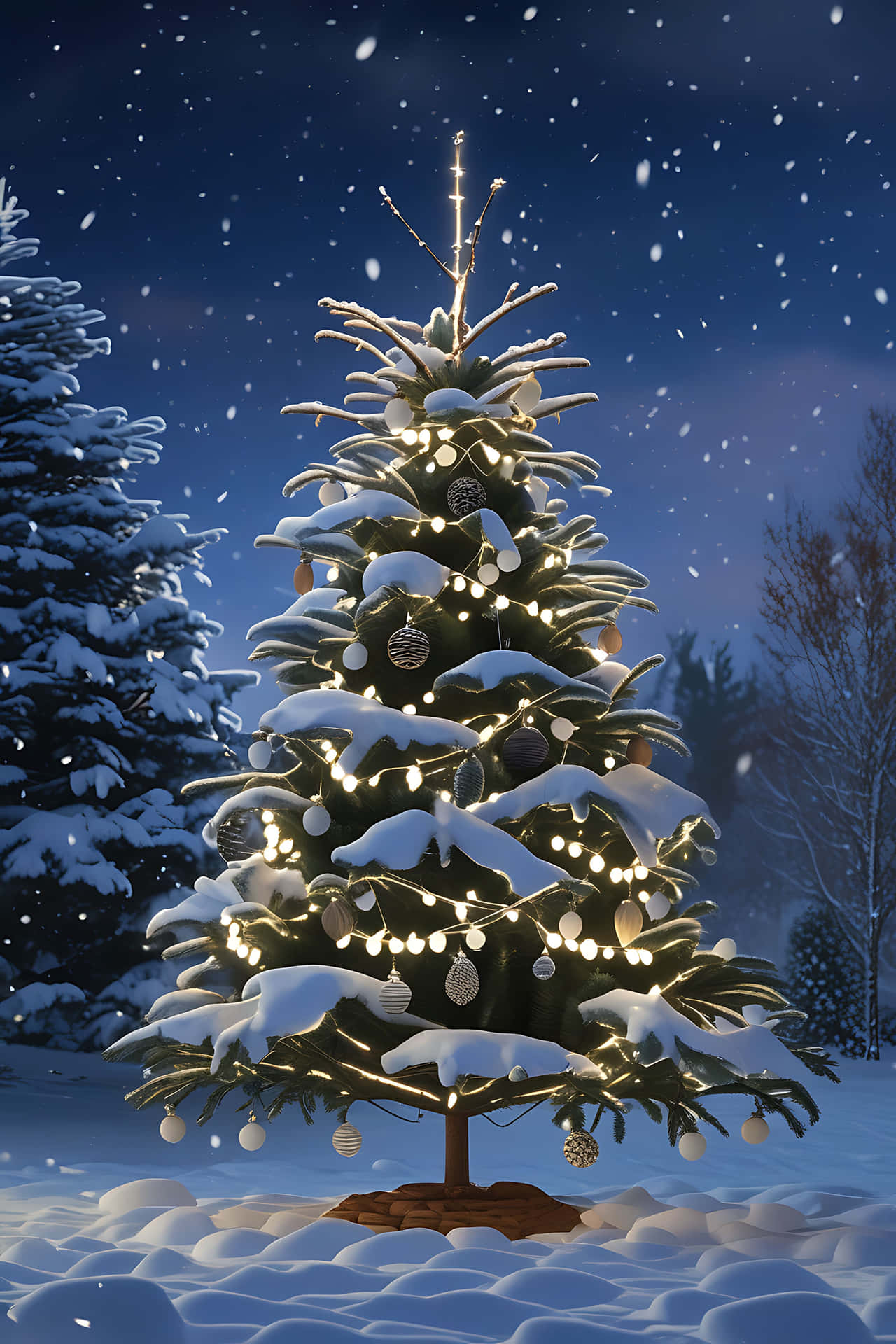 雪中聖誕樹於冬季夜景 壁紙 — 一棵被雪覆蓋的聖誕樹，裝飾著閃爍的燈光和飾品，在星空下的雪地森林中高高聳立。
