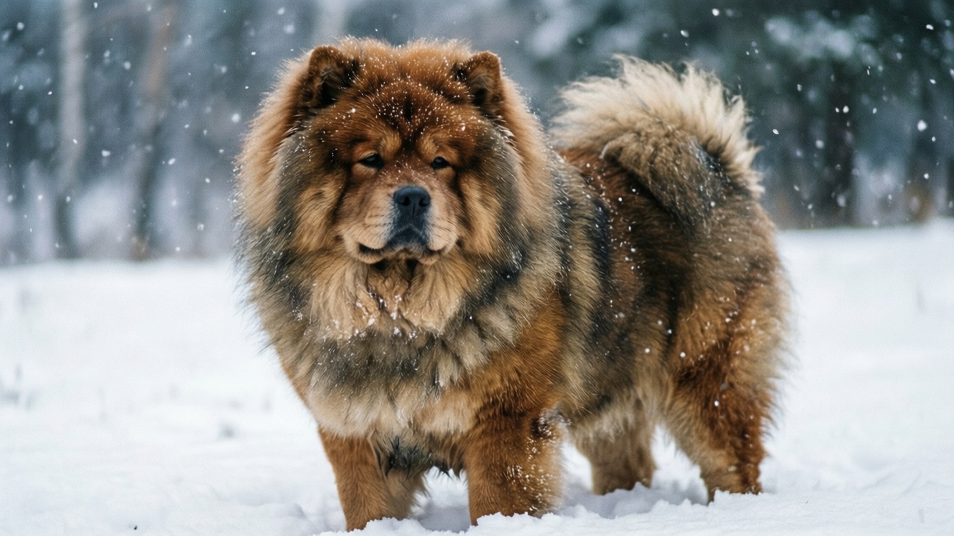 一隻毛茸茸的棕色鬆獅犬在冬季的雪地森林中站立。