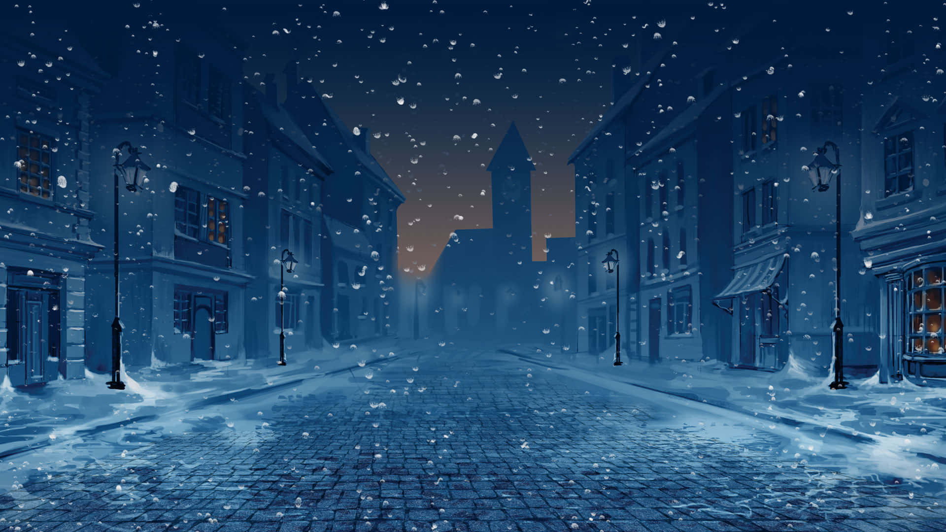 雪中街道與建築和樹木 壁紙
