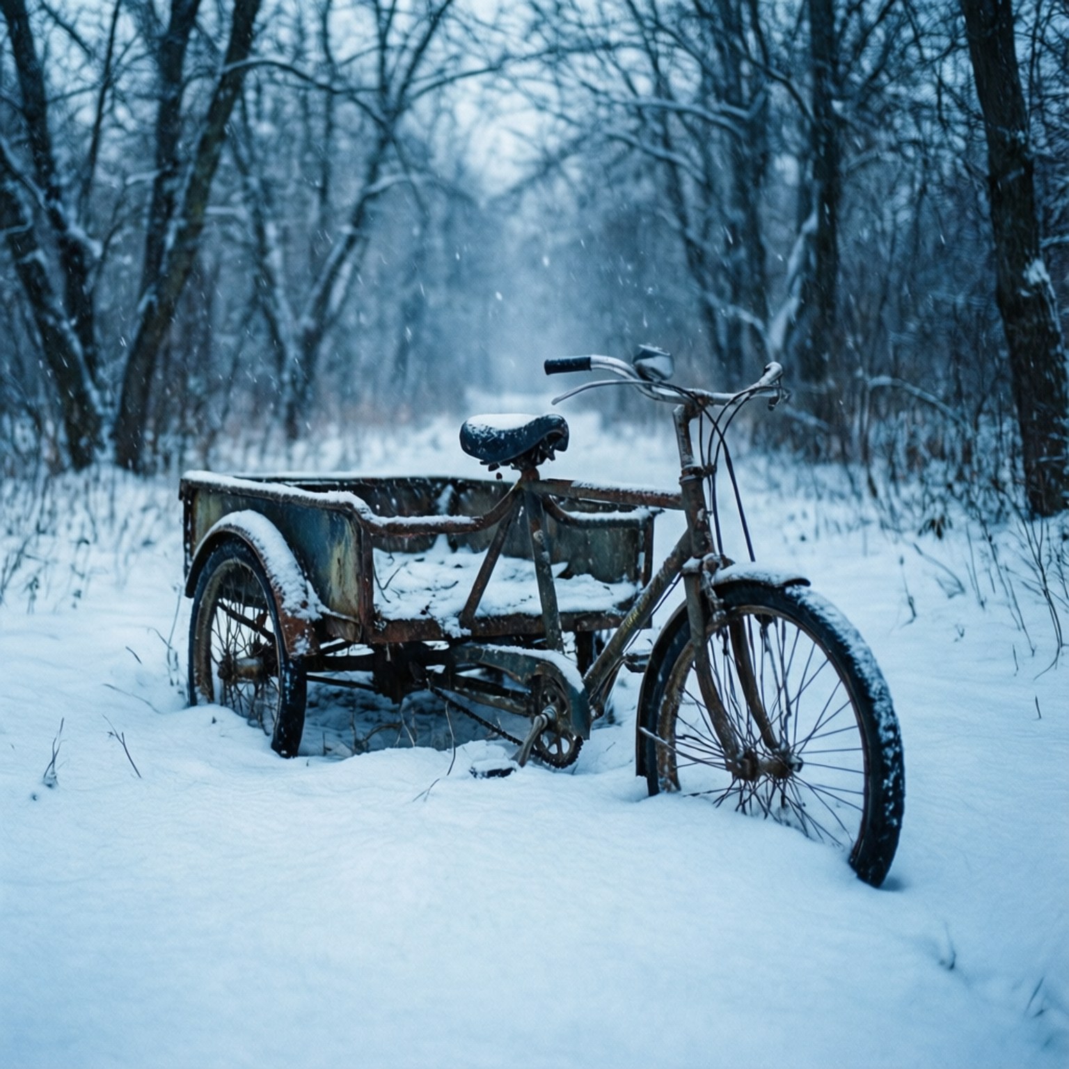 冬日森林中被雪覆蓋的生鏽三輪車