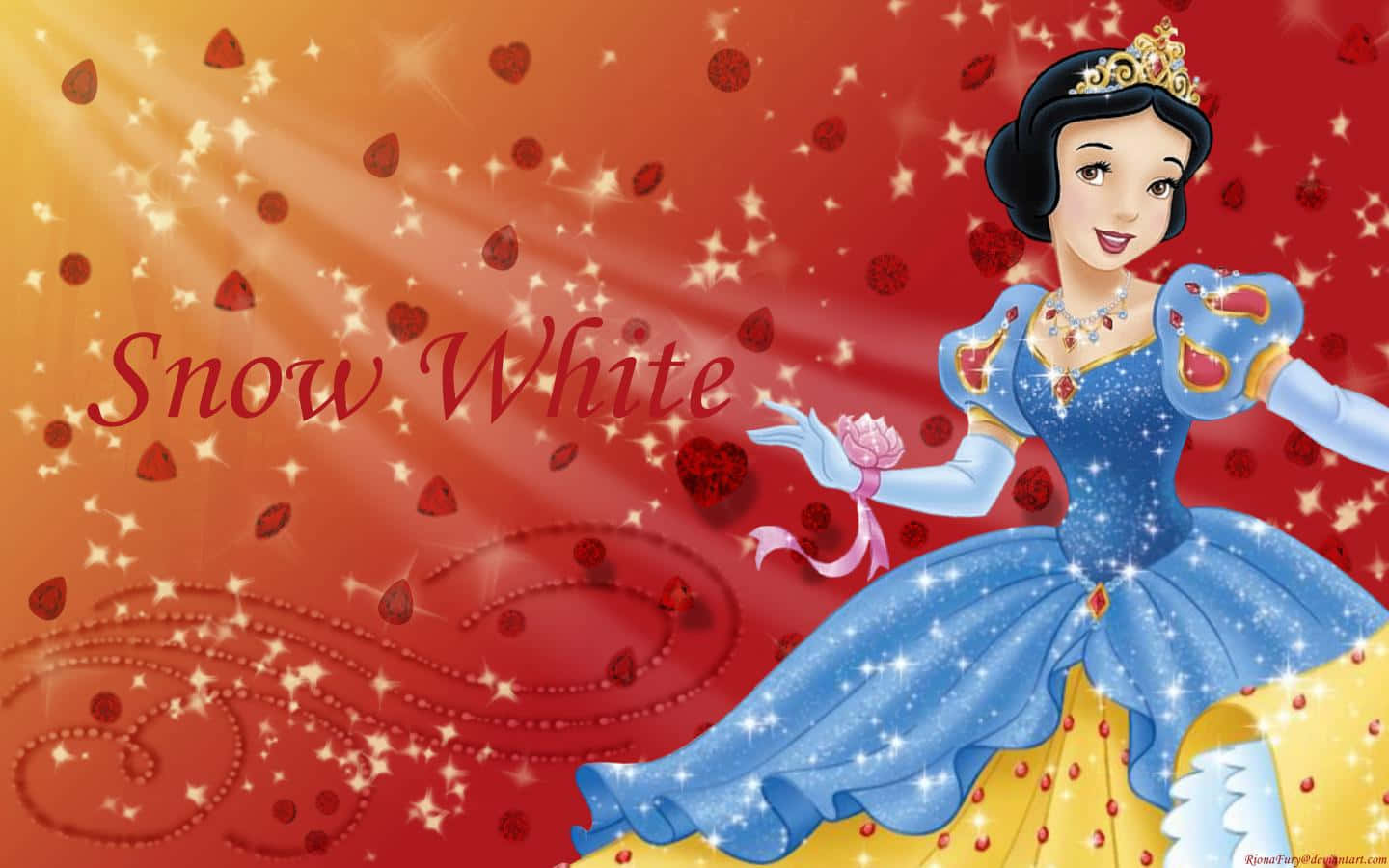 白雪公主身穿藍色長裙，與心形和星星共舞。