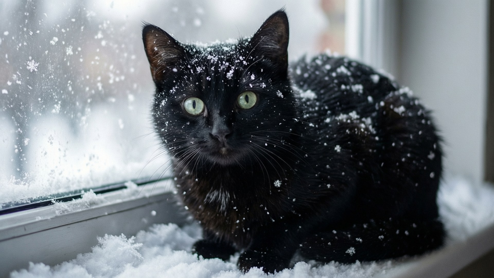雪中黑貓 壁紙 — 一隻綠眼睛的黑貓坐在窗台的雪上，外面雪花飄落。