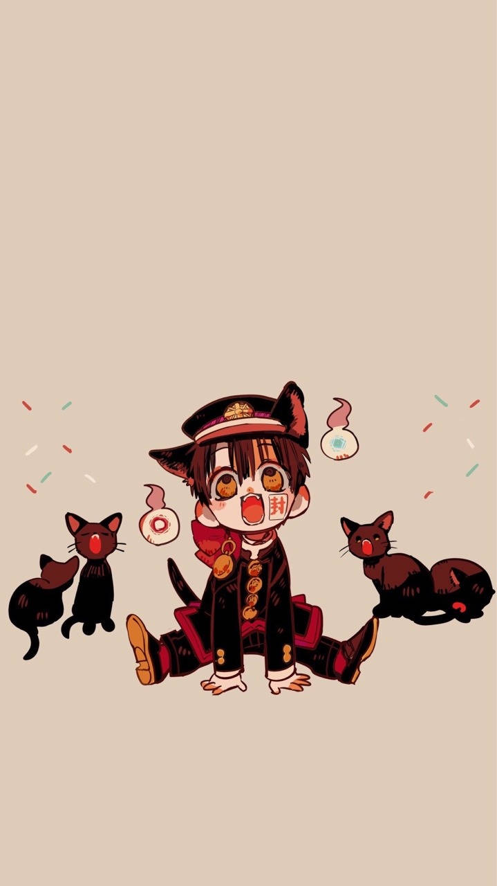 雪乃君與黑貓的可愛畫面 壁紙 — 一個穿著水手服的Q版動畫男孩坐在米色背景前，對三隻黑貓和漂浮的甜甜圈感到驚訝。