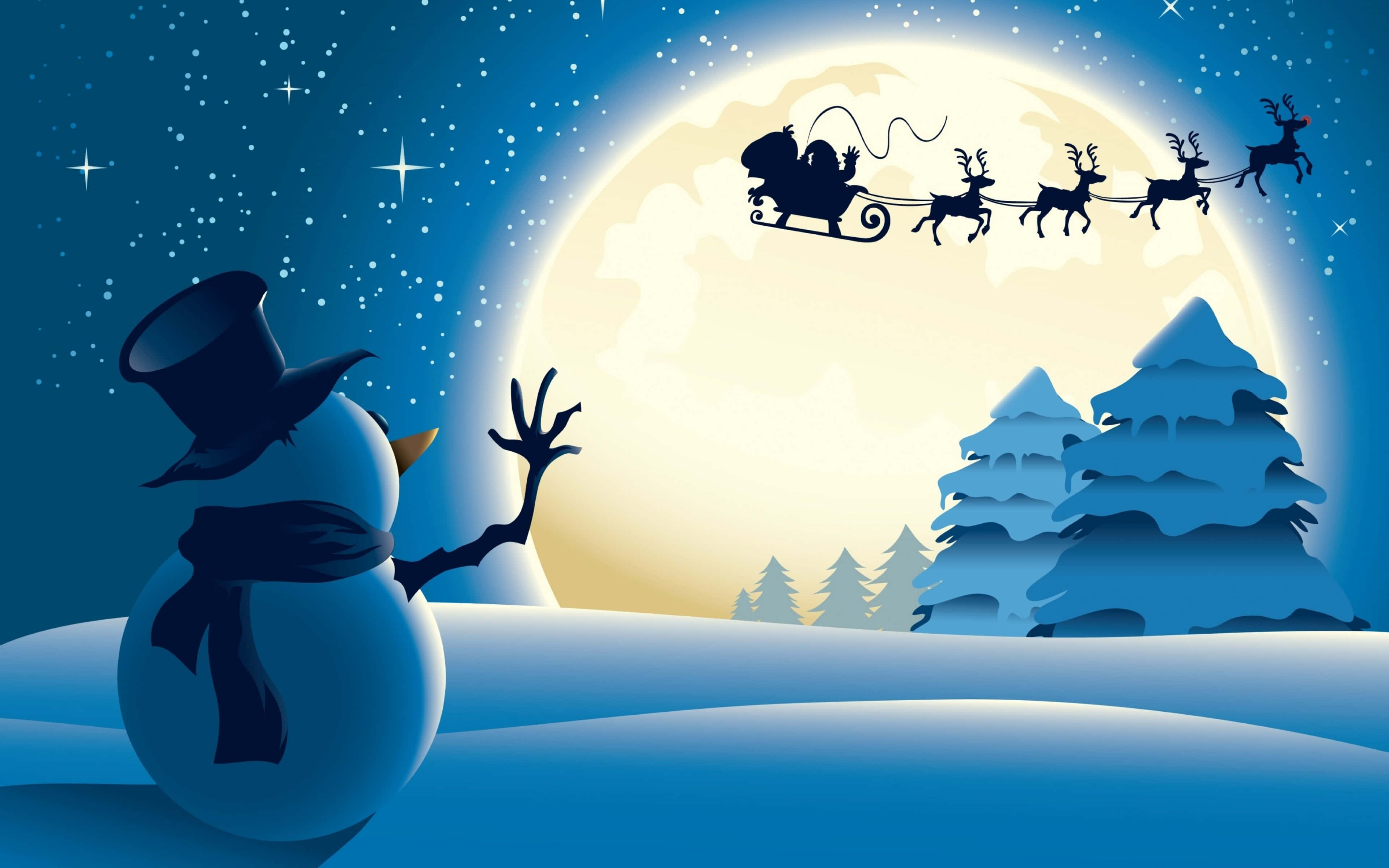 Winter Holiday 桌布 壁紙 — 雪人在滿月下揮手，聖誕老人的雪橇帶著馴鹿在繁星點點的冬夜飛過。
