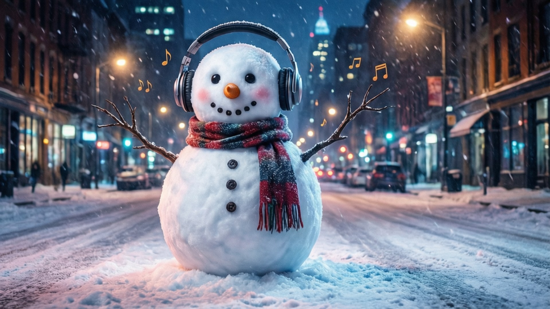 戴耳機和圍巾的雪人在積雪的城市街道上夜晚聽音樂
