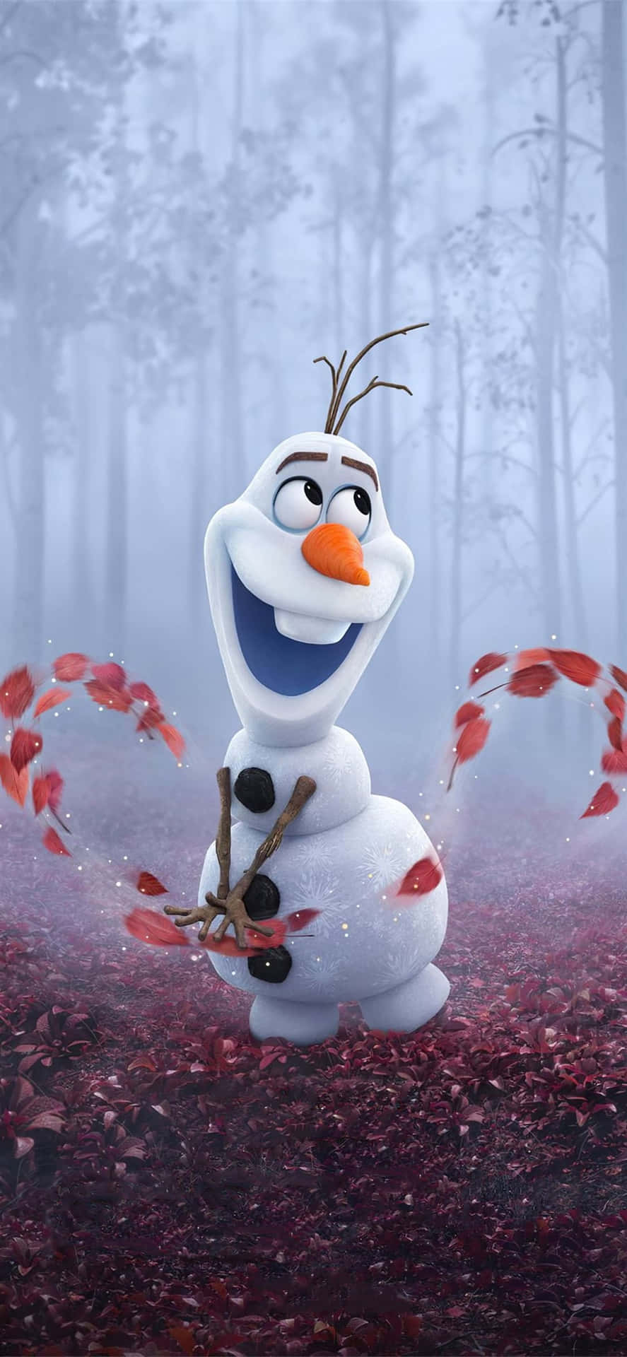 Aesthetic Disney 桌布 壁紙 — 雪人奧拉夫在迷霧森林中快樂地跳舞，紅色的秋葉在他周圍旋轉。