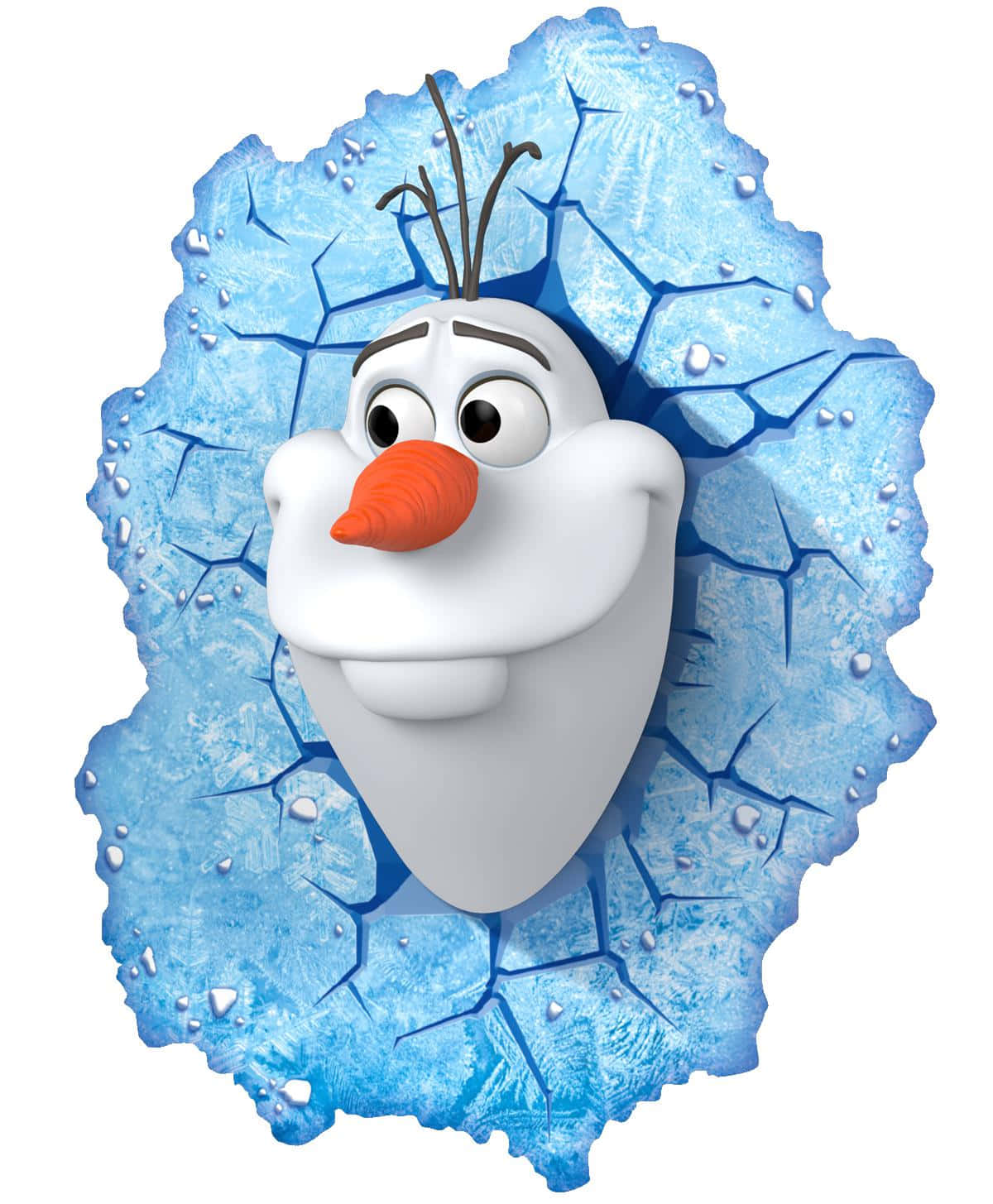 Olaf 桌布 壁紙 — 雪人奧拉夫從裂開的藍色冰牆中愉快地彈出，帶著胡蘿蔔鼻子和樹枝頭髮。