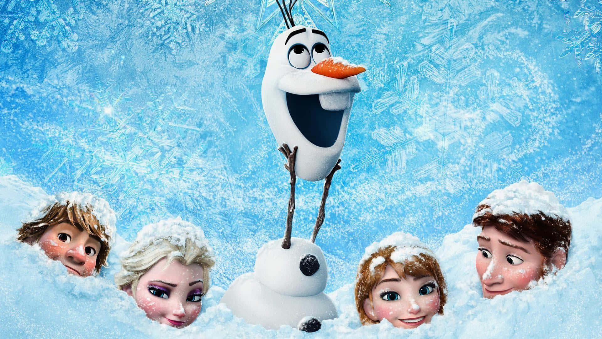 雪人 桌布 壁紙 — 雪人奧拉夫愉快地站在雪中，愛莎、安娜、克里斯托夫和漢斯在他周圍探出頭來，背景是冰冷的藍色。