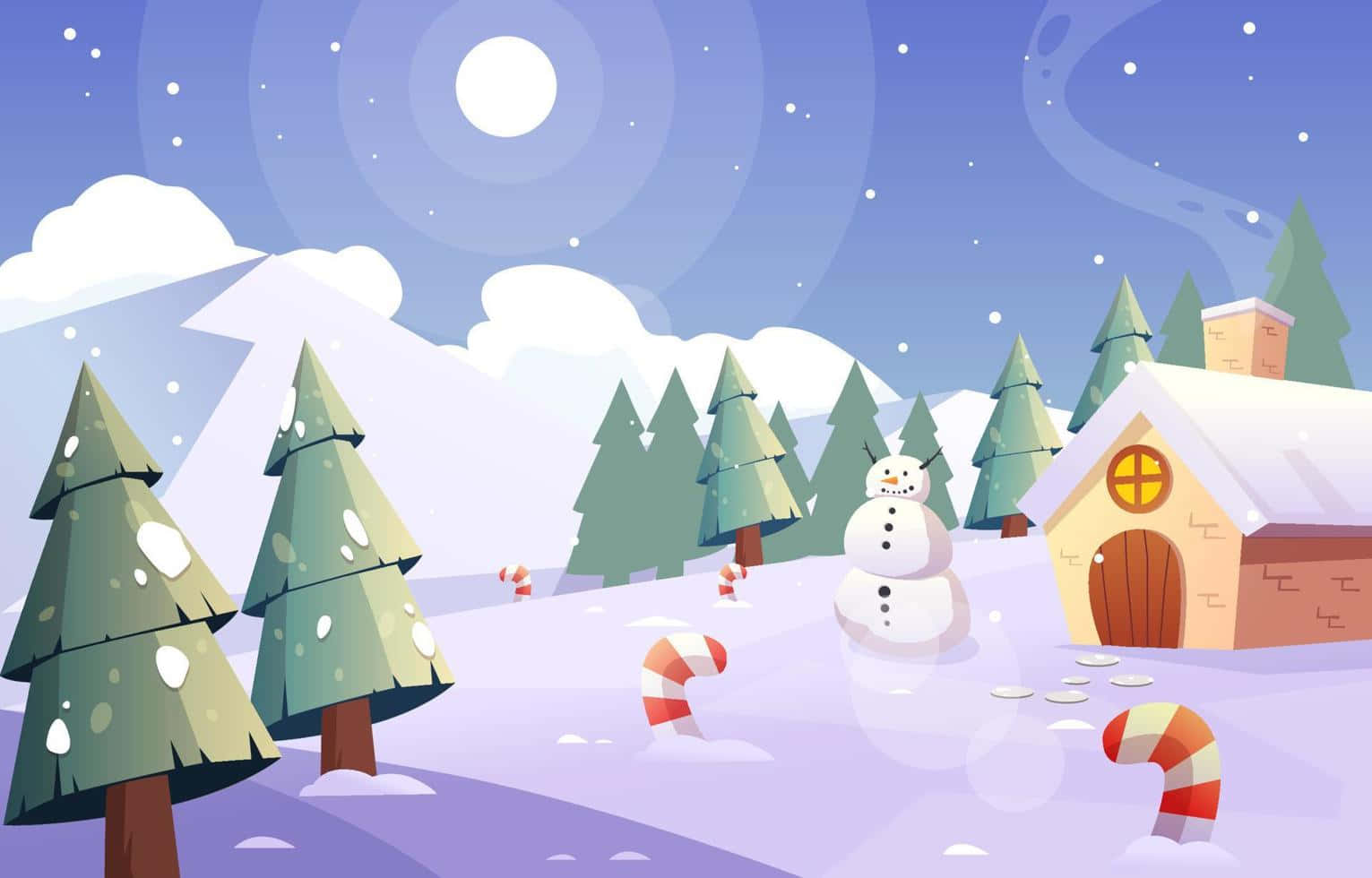 雪人和拐杖糖在雪地冬季森林中的小屋附近（夜晚）。