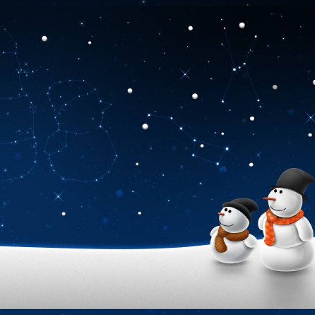 兩個戴著圍巾的雪人仰望星空，可以看到星座。 — 雪人 壁紙