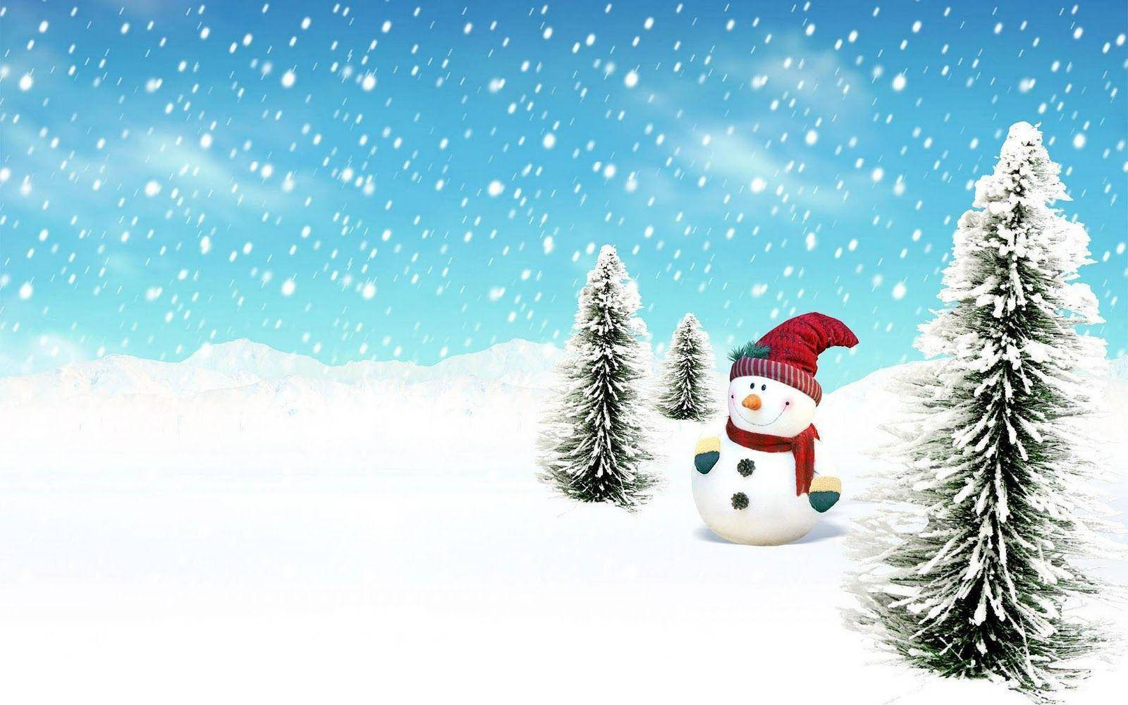 戴紅帽子和紅圍巾的雪人，在雪松林中，雪花飄落。 — 雪人 壁紙