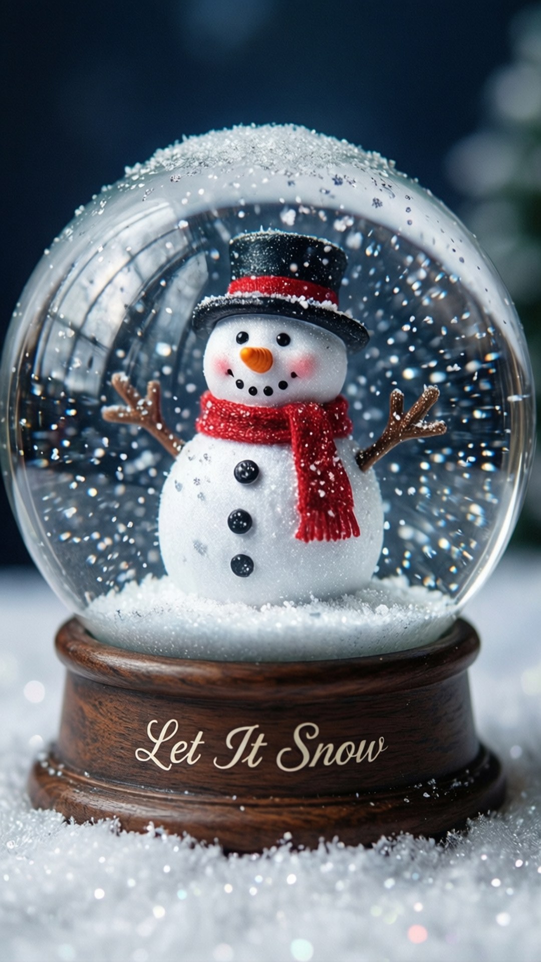雪球內的雪人，有飄雪和刻有「Let It Snow」的木底座
