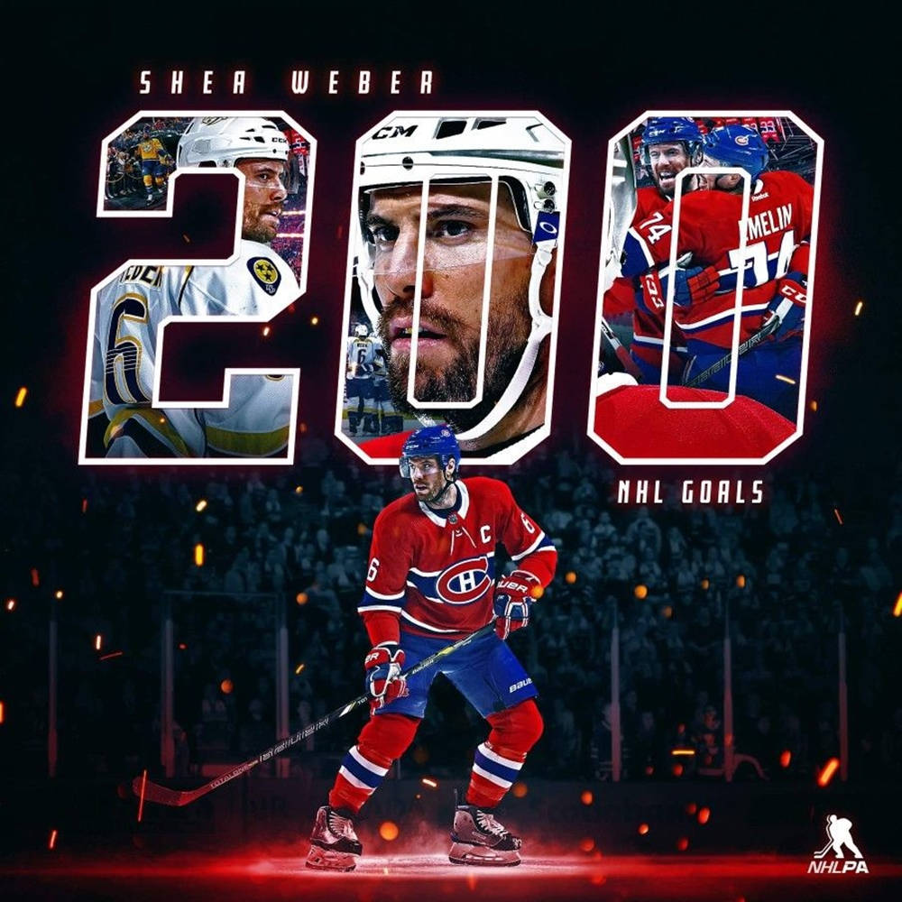 雪伊·韋伯慶祝其NHL第200球 壁紙 — 冰球運動員 Shea Weber 以嵌入巨大發光數字中的火花和球隊照片慶祝 200 個 NHL 進球。