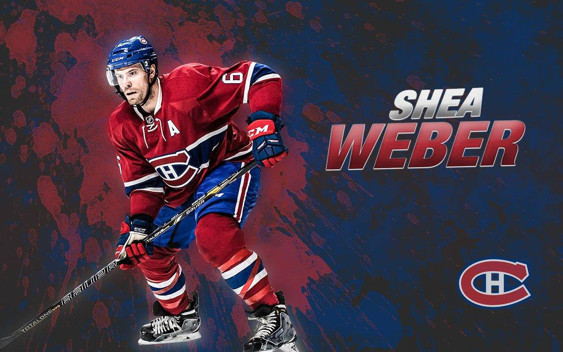 雪伊·韋伯蒙特利爾加拿大人隊粉絲藝術 壁紙 — 冰球運動員 Shea Weber 身穿紅藍色蒙特利爾加拿大人隊裝備，在鮮明的紅藍色潑濺背景上動態滑行。