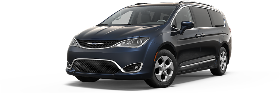 雪佛蘭太平洋休旅車側面圖 壁紙 — 一輛時尚的深藍色 Chrysler Pacifica 小型貨車在攝影棚燈光下以黑色背景展示。