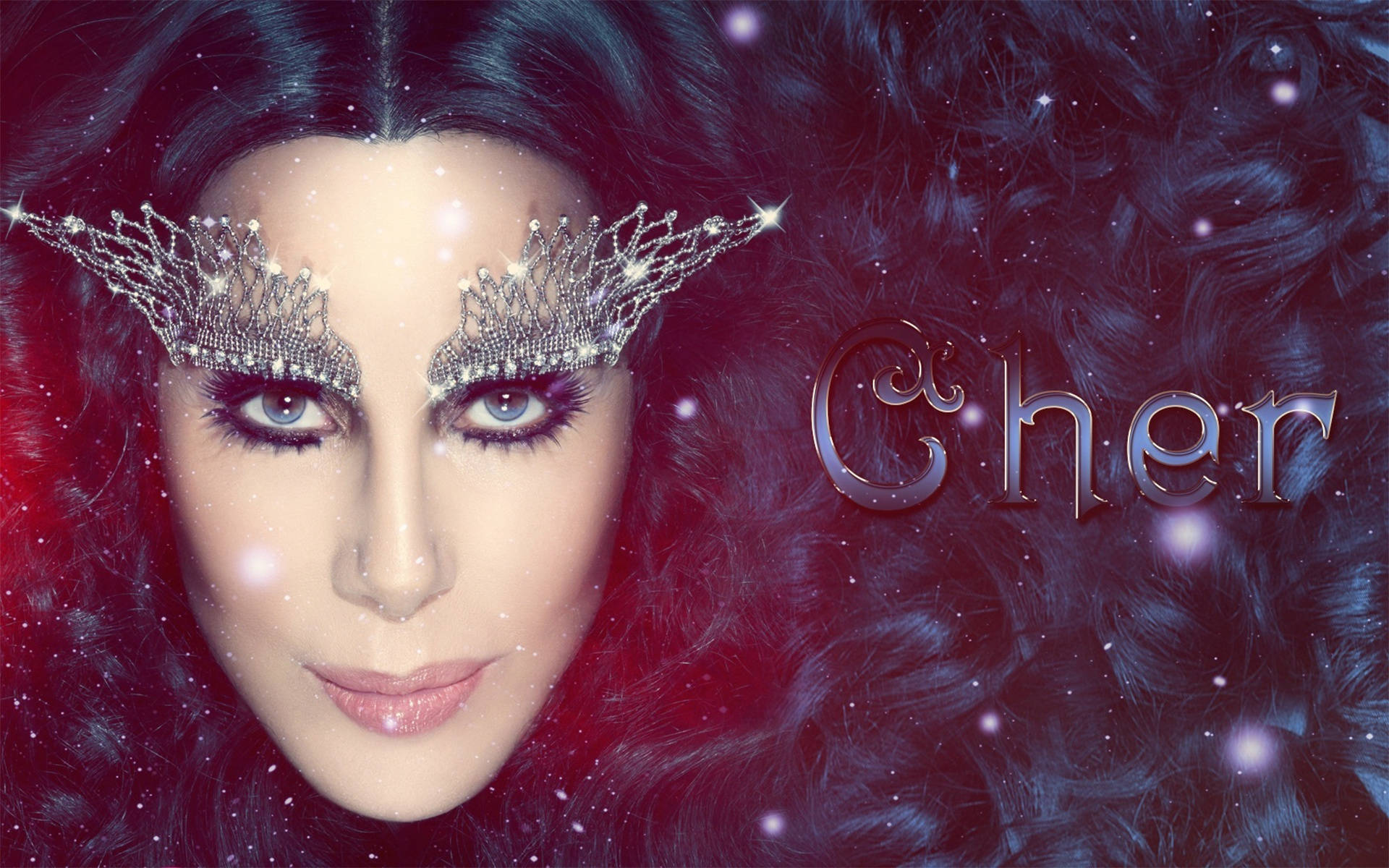 Cher 閃閃發光的眼妝和宇宙背景。