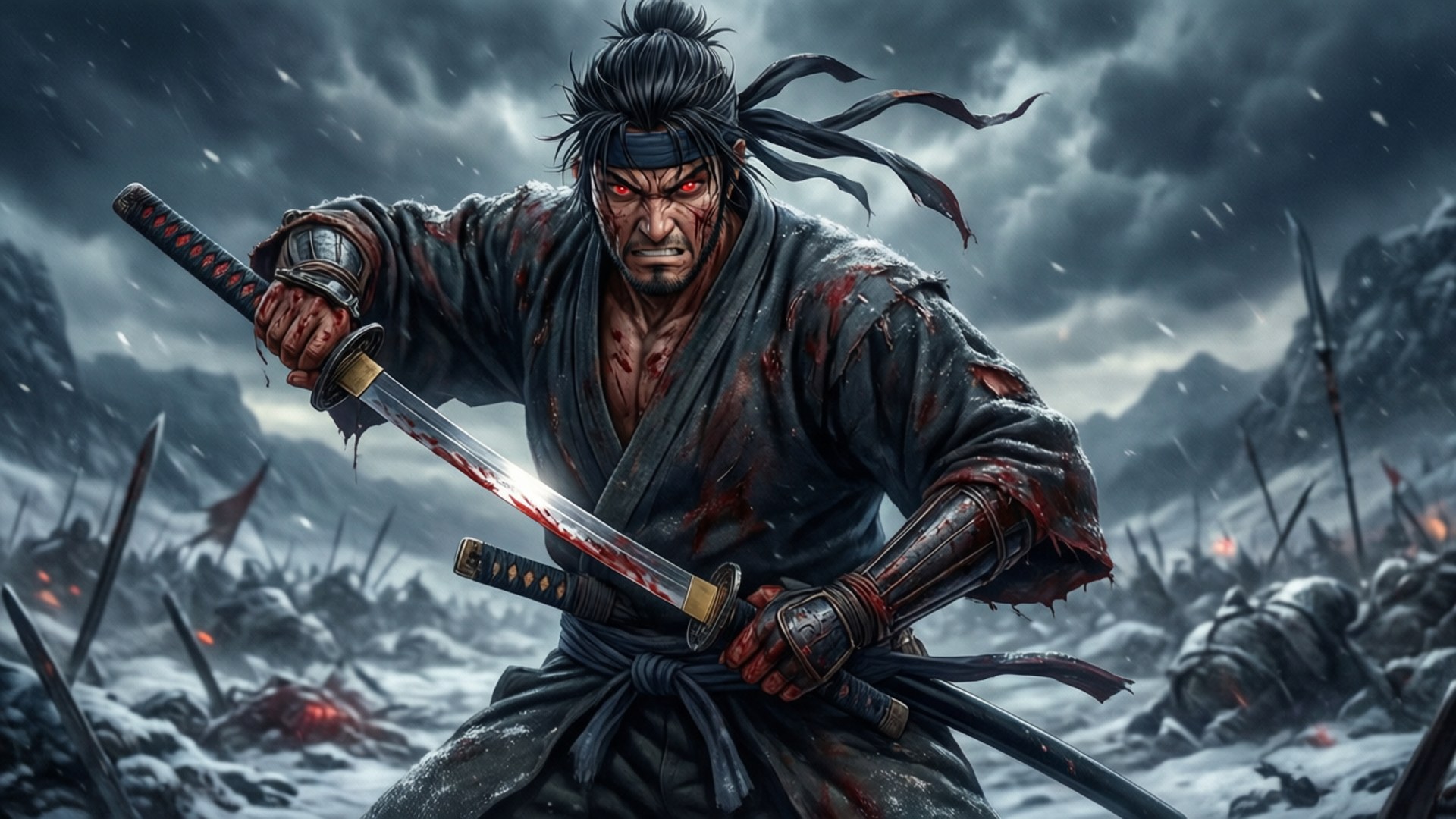 武士雙眼發光，在雪地戰場中握著一把血跡斑斑的劍。