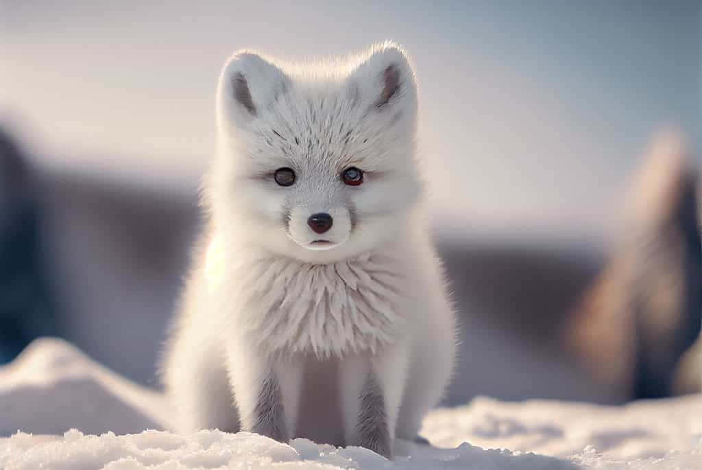 一隻白色小狐狸坐在雪地裡看著觀眾