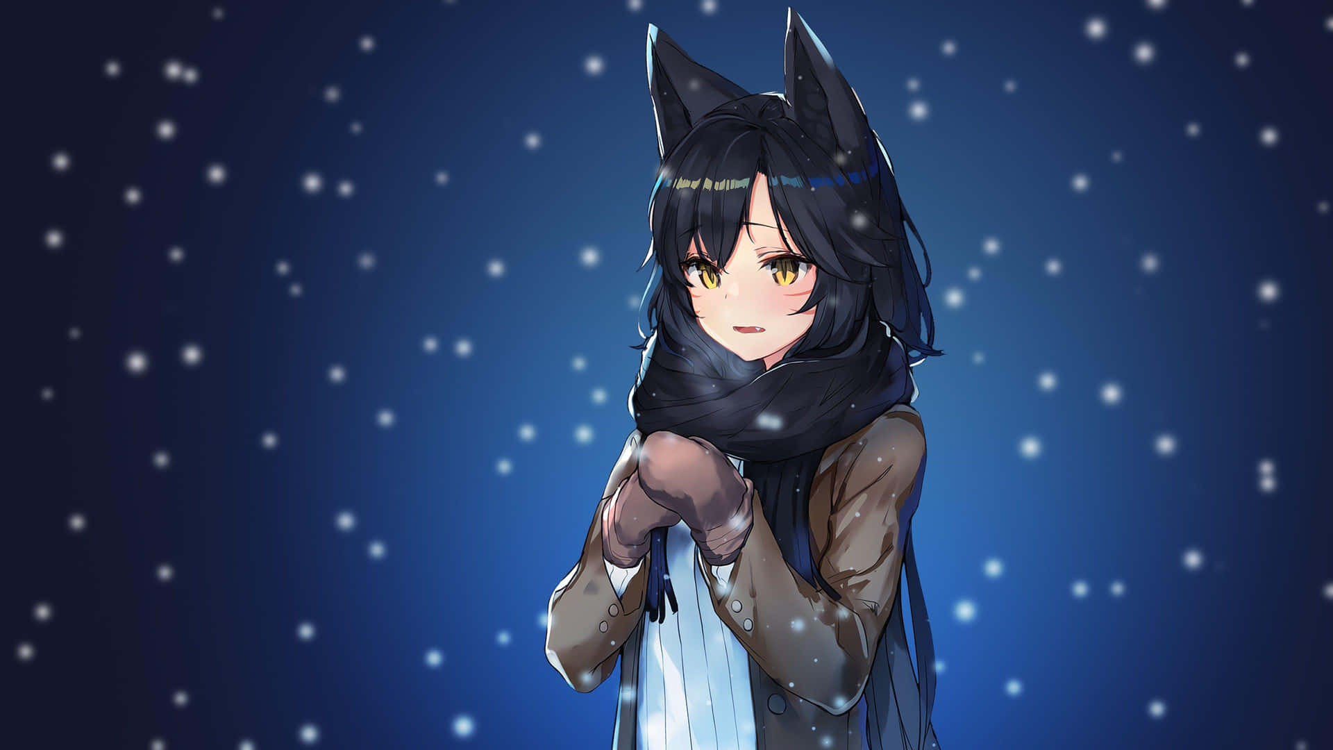 動漫女孩戴貓耳和圍巾，雪夜星空