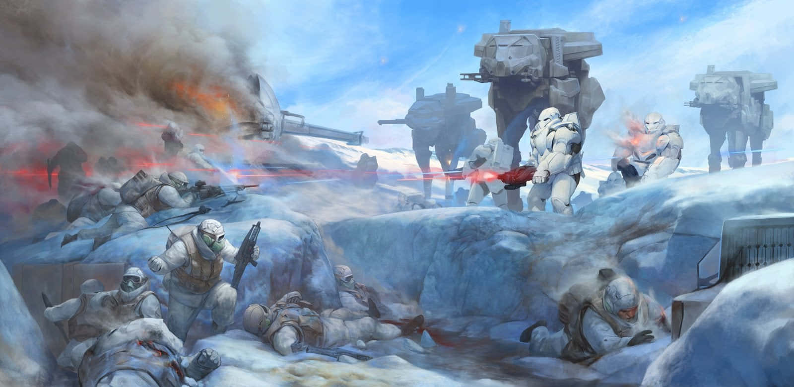 Hoth 桌布 壁紙 — 雪地兵在冰凍戰壕中戰鬥，AT-AT步行者在藍天下穿過暴風雪前進。