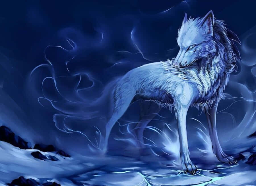 一頭發光的白狼站在冰上，夜間有神奇的藍色能量在牠周圍旋轉。