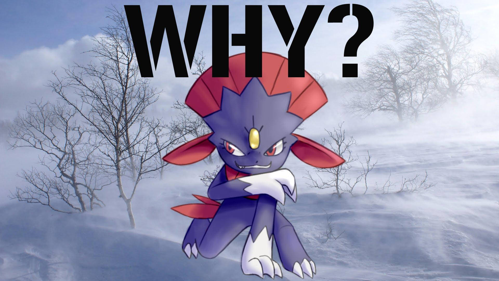 雪地受傷的Weavile 壁紙 — 一隻脾氣暴躁的紫紅色動畫寶可夢蜷縮在雪地裡，周圍是光禿禿的樹木，上方浮現「WHY?」字樣。