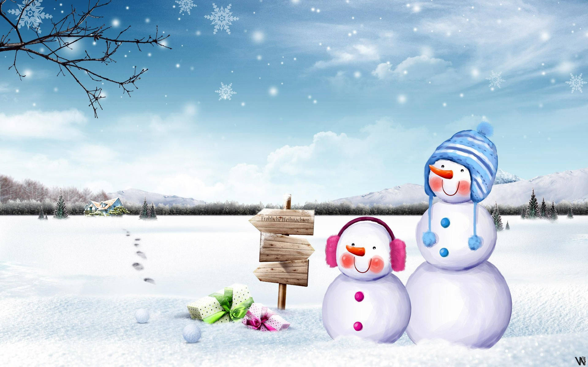 兩個微笑的雪人穿著冬季裝備站在雪地禮物旁，有腳印和遠處的樹木。
