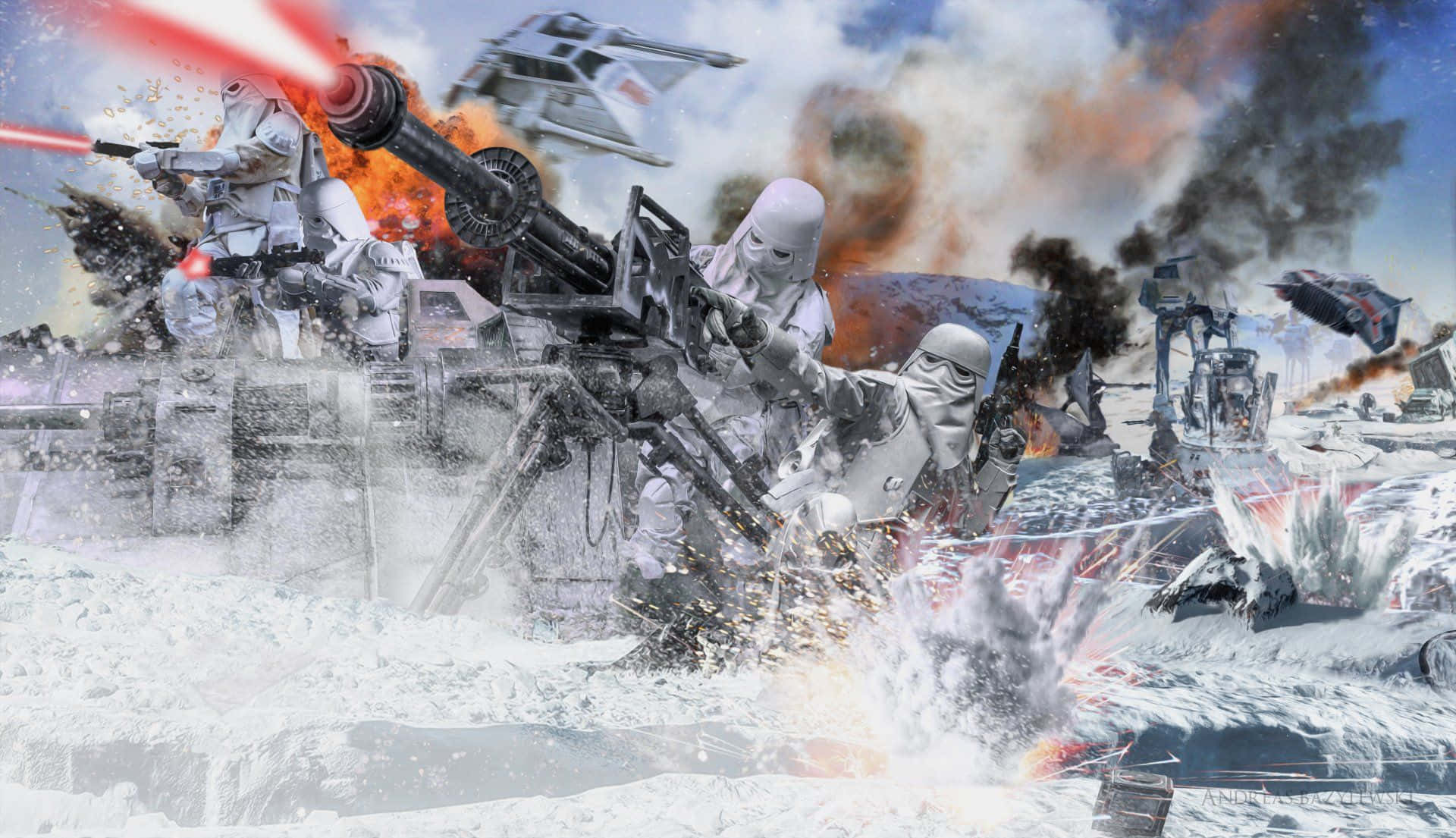Battle Of Hoth 桌布 壁紙 — 雪地士兵在爆炸和飛行的星際戰鬥機中，於雪地戰場上發射爆能槍並操作重型武器進行混亂的戰鬥。