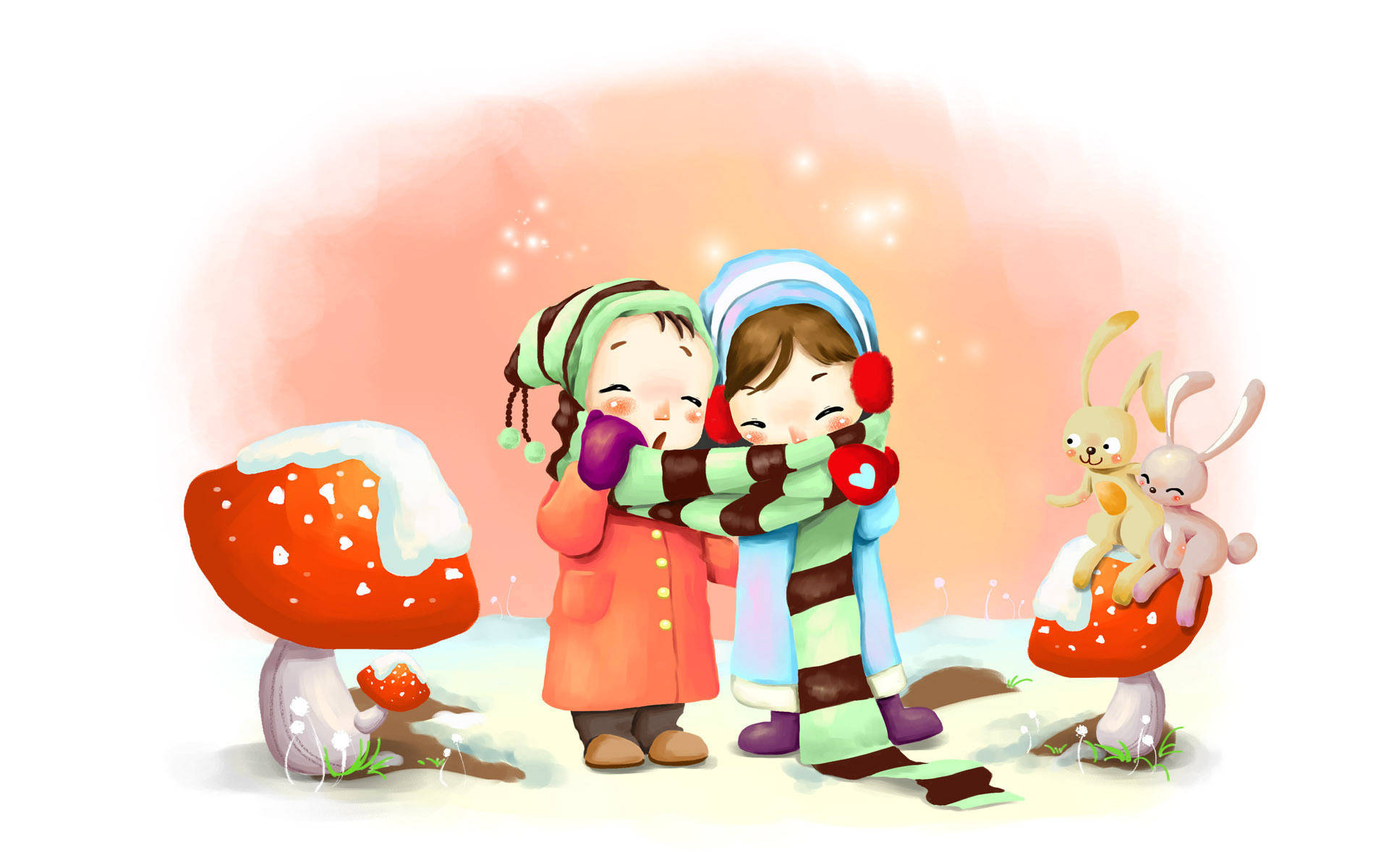 雪地孩童與紅菇 壁紙 — 兩個穿著冬季外套的小孩在柔和的粉紅光芒下，在巨大的紅色蘑菇旁溫暖擁抱，蘑菇上有兔子棲息。
