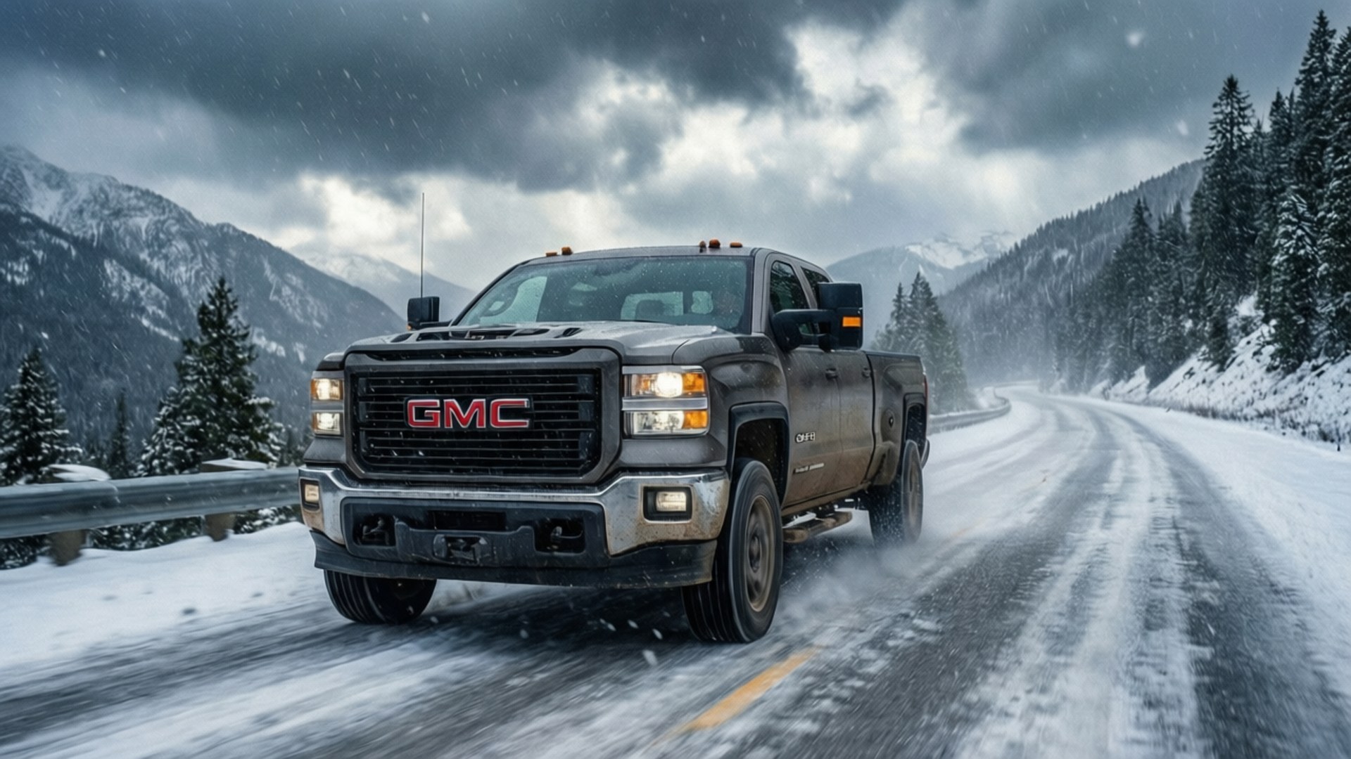 灰色GMC卡車在積雪的山路上行駛，有松樹和暴風雲