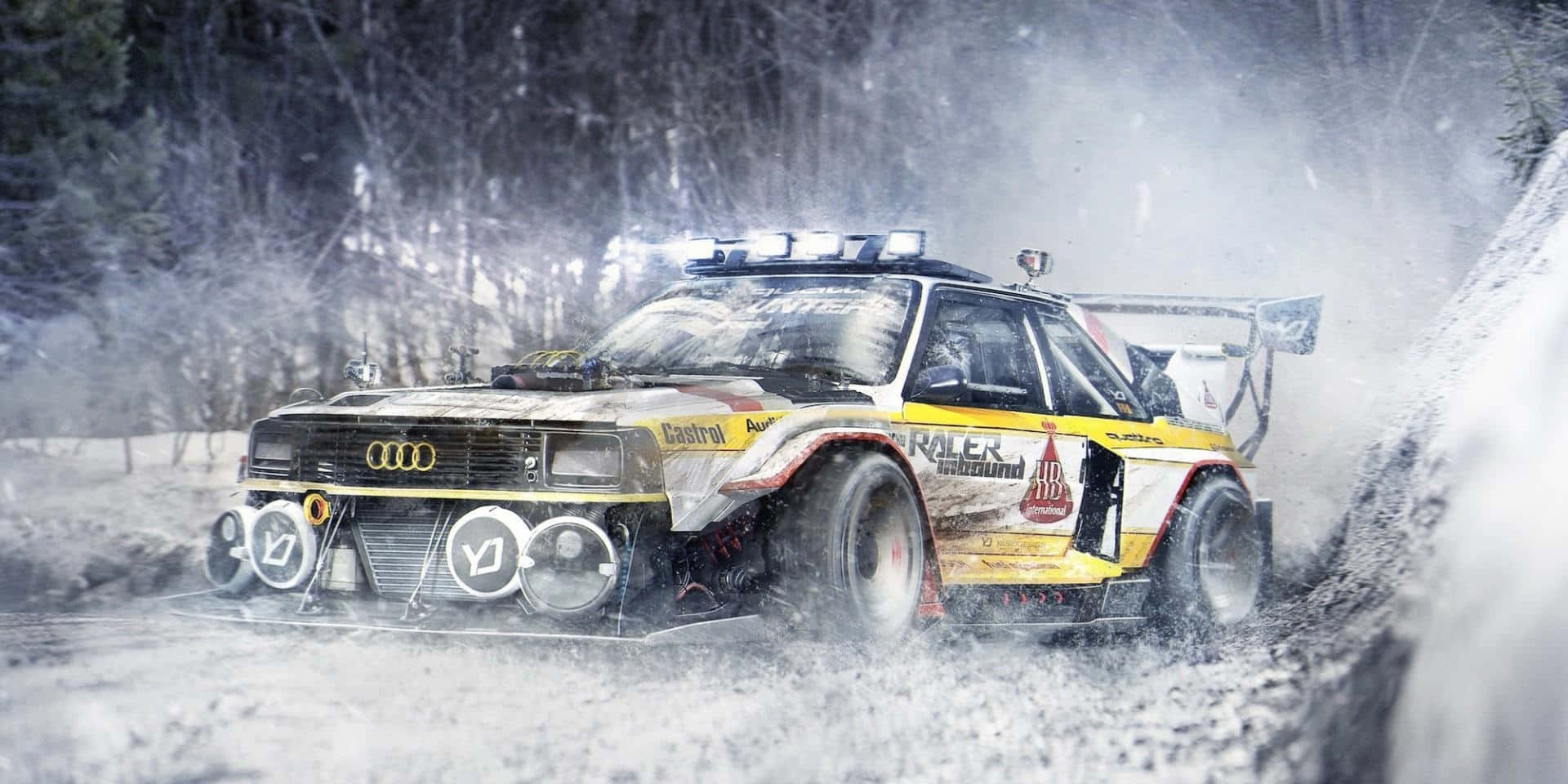 雪地森林中行駛的汽車 壁紙