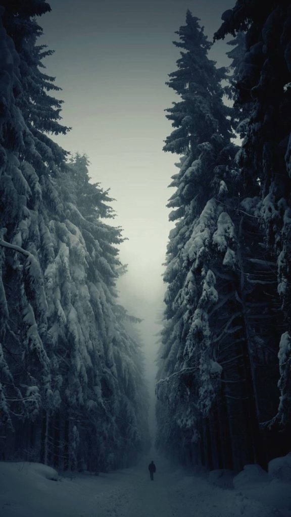 雪地獨行男子 壁紙 — 在冬日陰沉天空下，一個孤獨的身影沿著被高聳常青樹環繞的積雪小徑行走。