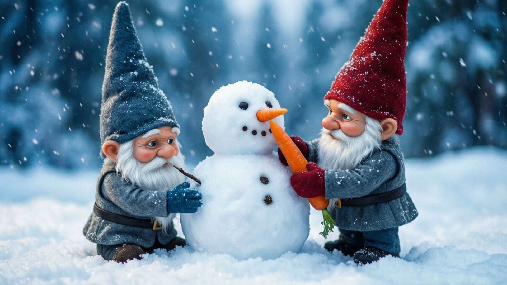 兩個矮人在白雪皚皚的森林中建造雪人，雪花飄落。