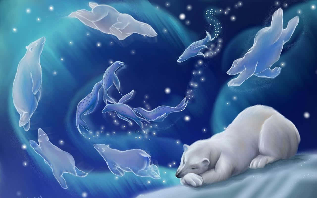 雪地裡的北极熊與海豚正在睡覺 壁紙