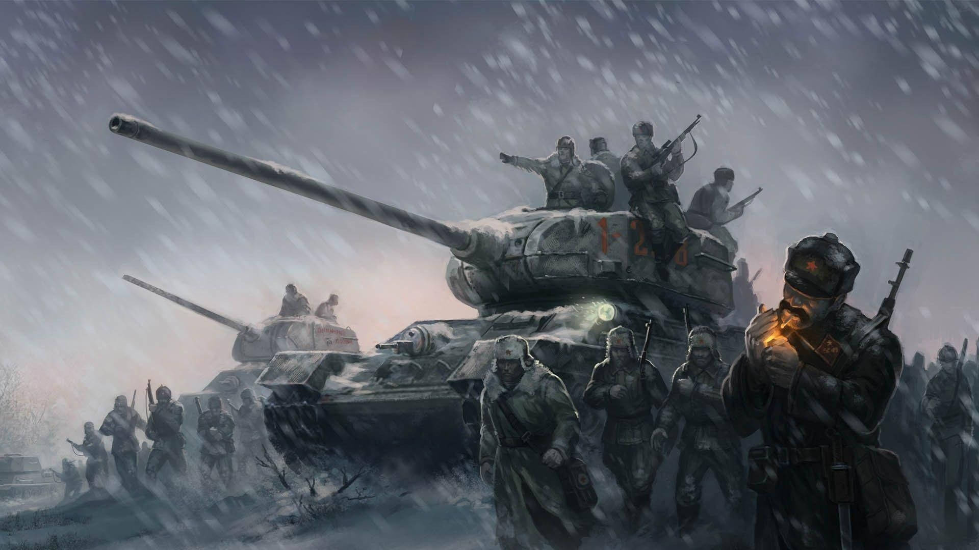 雪地軍隊 壁紙 — 士兵和坦克在暴風雪中前進，大雪紛飛，士兵手持步槍和點燃的香煙。