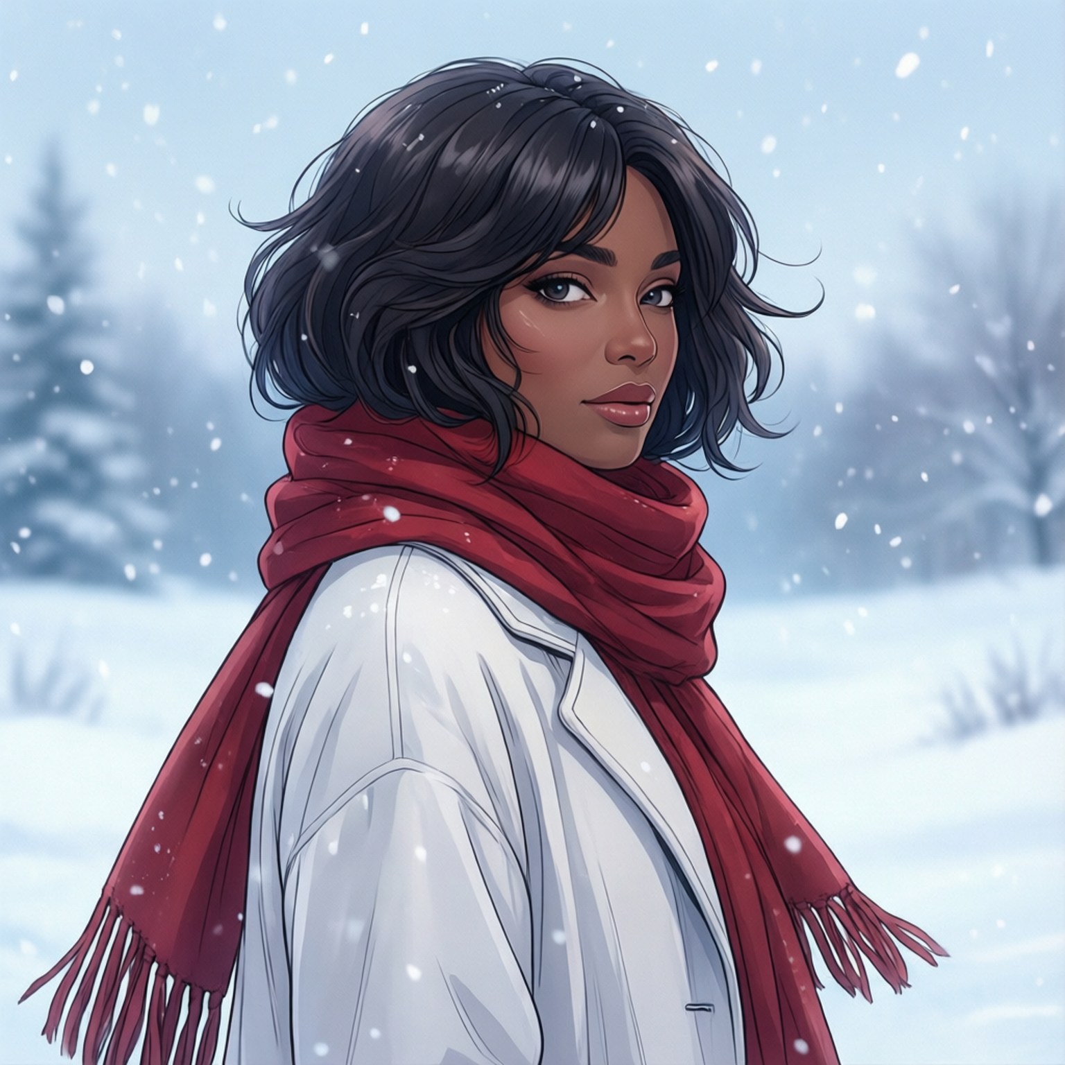 身穿白色外套和紅色圍巾的女性站在雪白的冬季場景中。