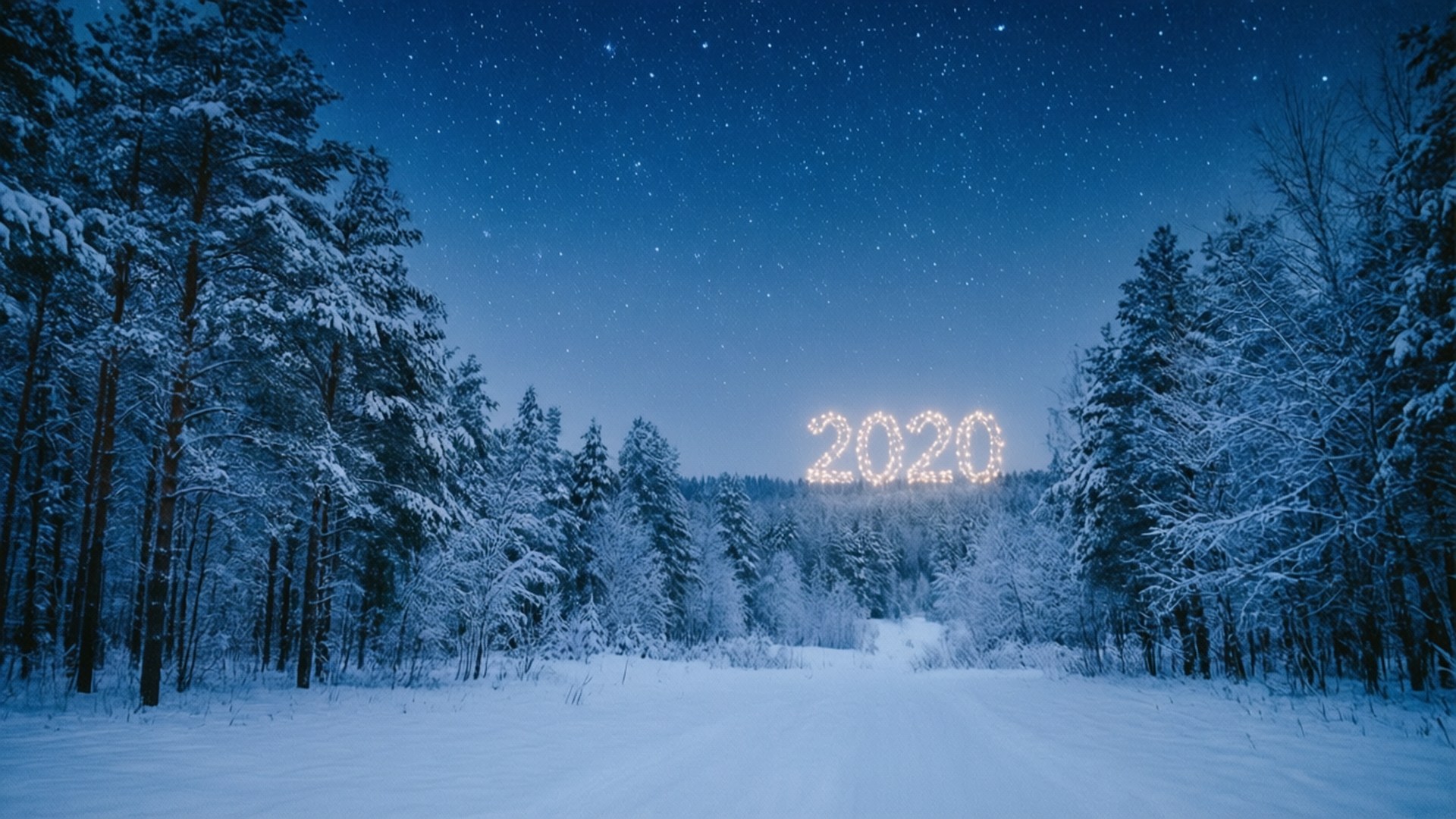 雪地森林小徑，發光的2020燈光，星空下