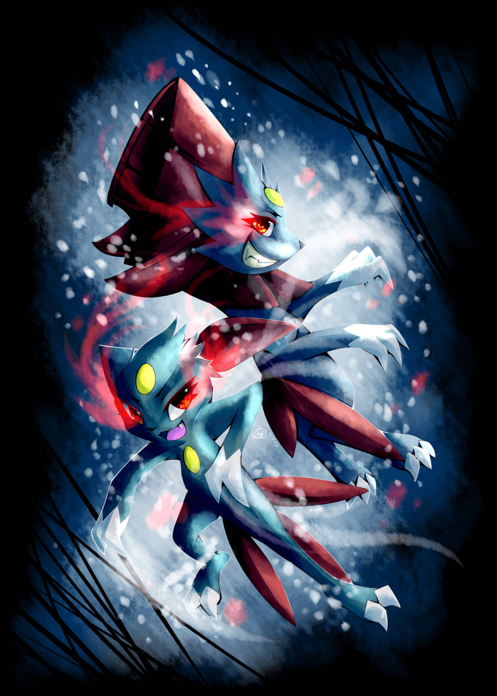 雪夜中的-weavile-與-sneasel- 壁紙 — 兩隻藍色和紅色的動漫風格寶可夢，眼睛發光，在黑暗暴風雪的天空中動態跳躍，雪花旋轉。
