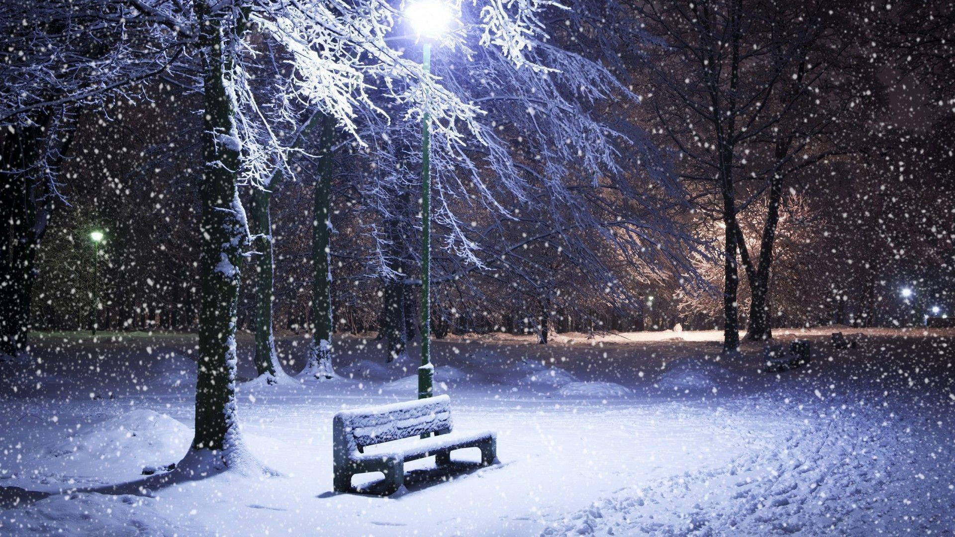 冬夜公園街燈下的積雪長椅